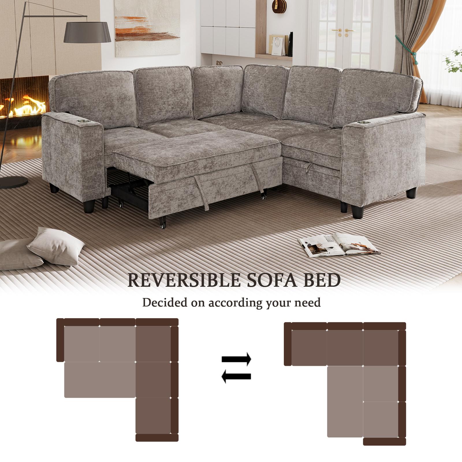 L-Shaped Sofa with Pull Out Sofa Bed, Sleeper Sofa Couch Bed with Storage Seat, 5 Seat Sectional Sofa Bed with USB, Sectional Sofa Couch for Living Room, Apartment, Light Brown — foto 5