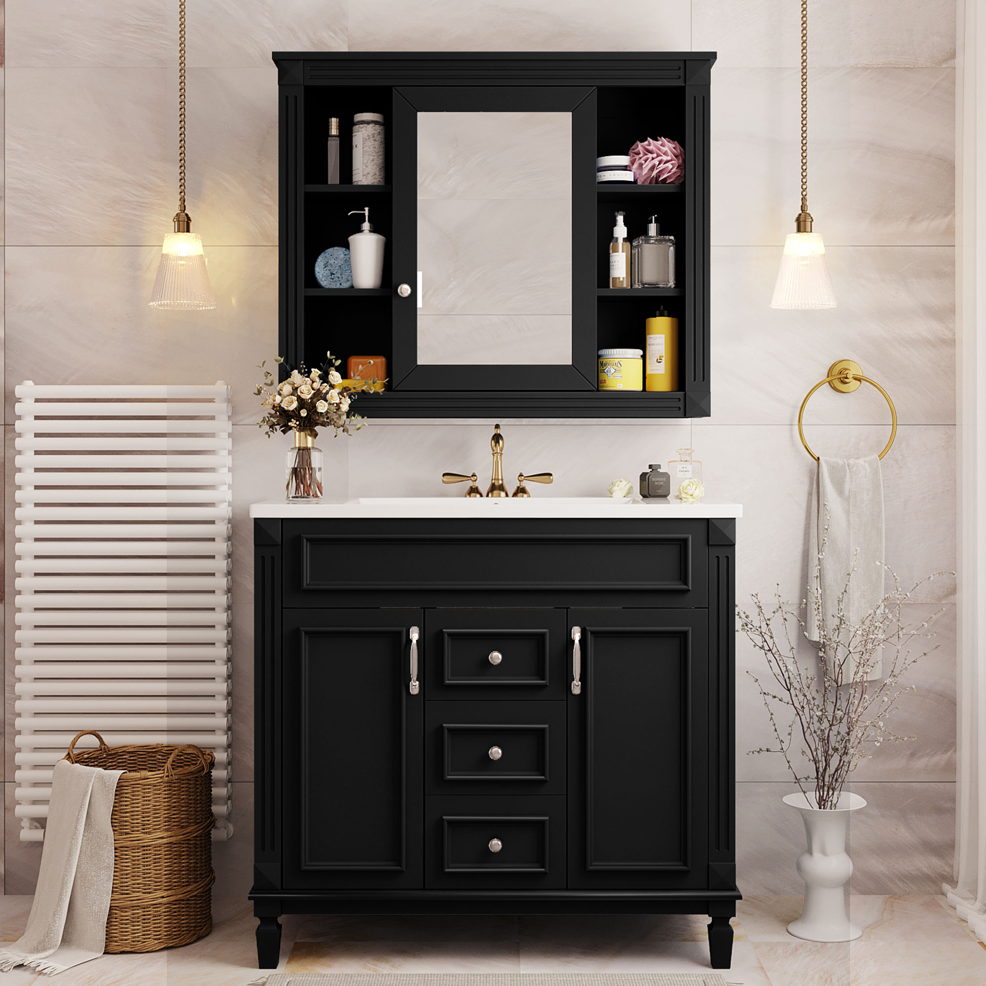 36'' Bathroom Vanity with Top Sink, Black Mirror Cabinet, Modern Bathroom Storage Cabinet with 2 Soft Closing Doors, Single Sink Bathroom Vanity — foto 6
