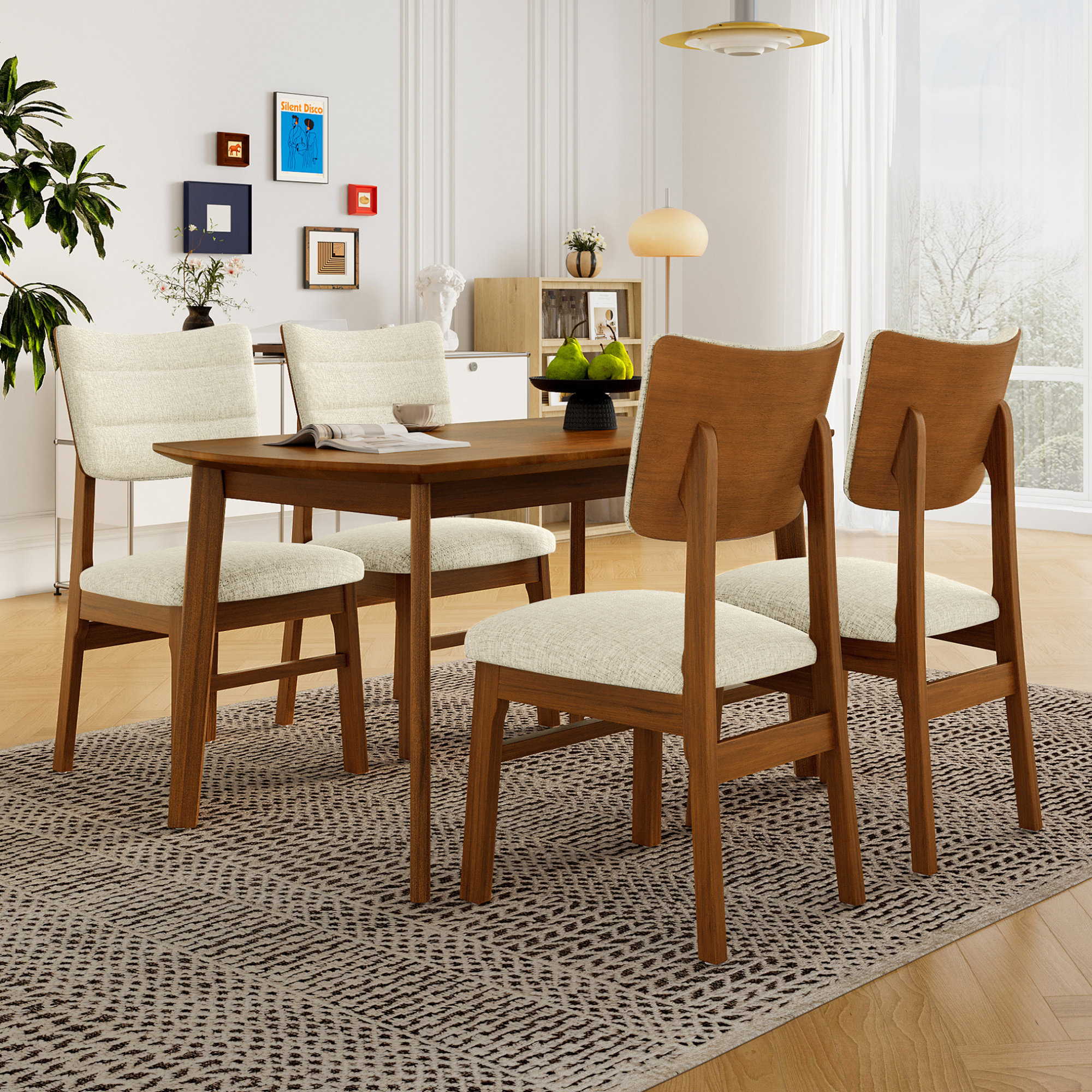 Farmhouse Dining Table Set for 4, Wood Kitchen Table & 4 Upholstered Chairs with Sturdy Rubber Wood Frame, Padded Seat, Curved Backrest, Space-Saving Dinette Set for Dining Room, Brown+Biege — foto 7
