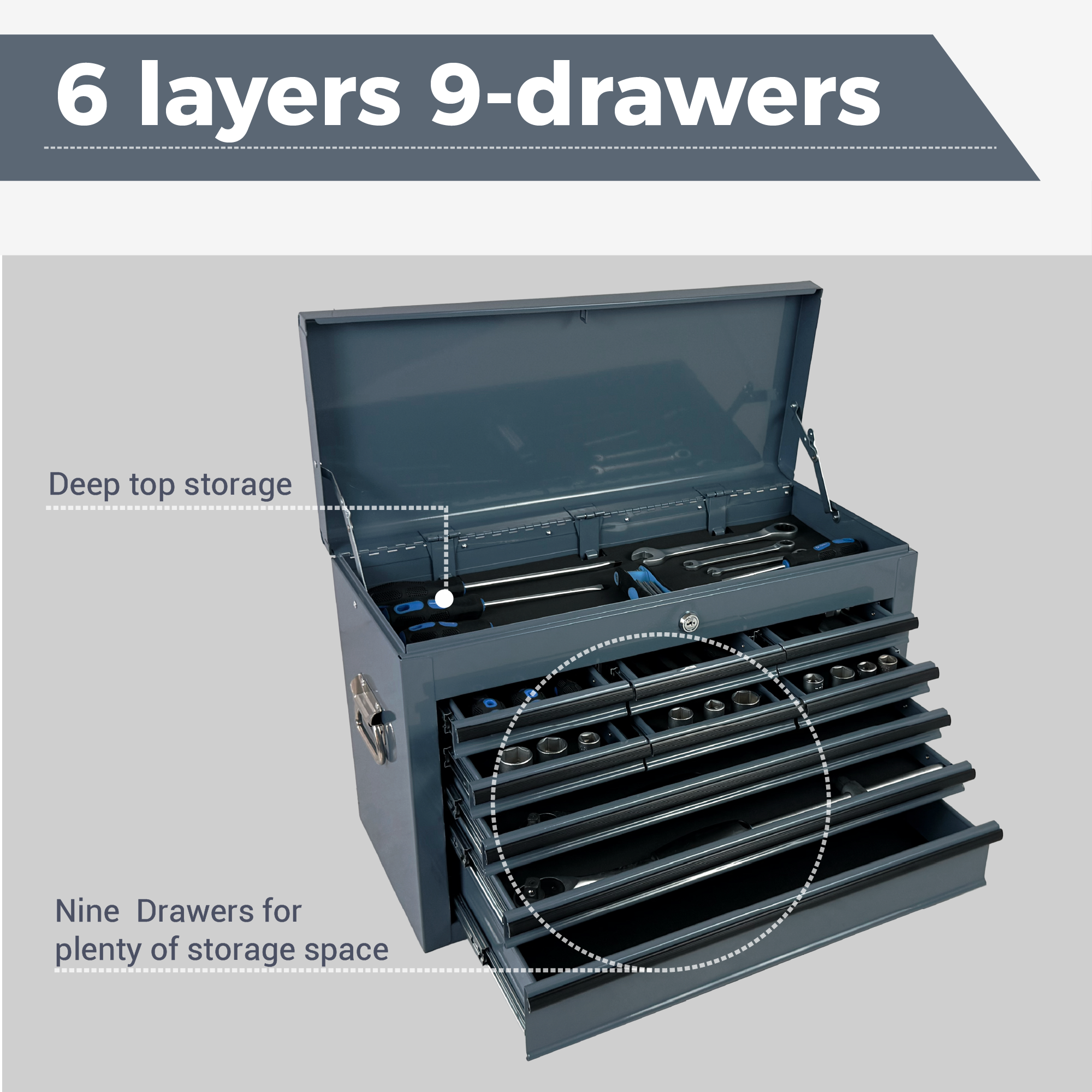 Heavy Duty Metal Tool Box, 24-inch, Portable Metal Tool Box with 9 Drawers, Small Tool Chest with EVA Liners, Ball Bearing Slide Drawers Locking & Powder Coated Finish, Multi-Function Tool Organizer — foto 10