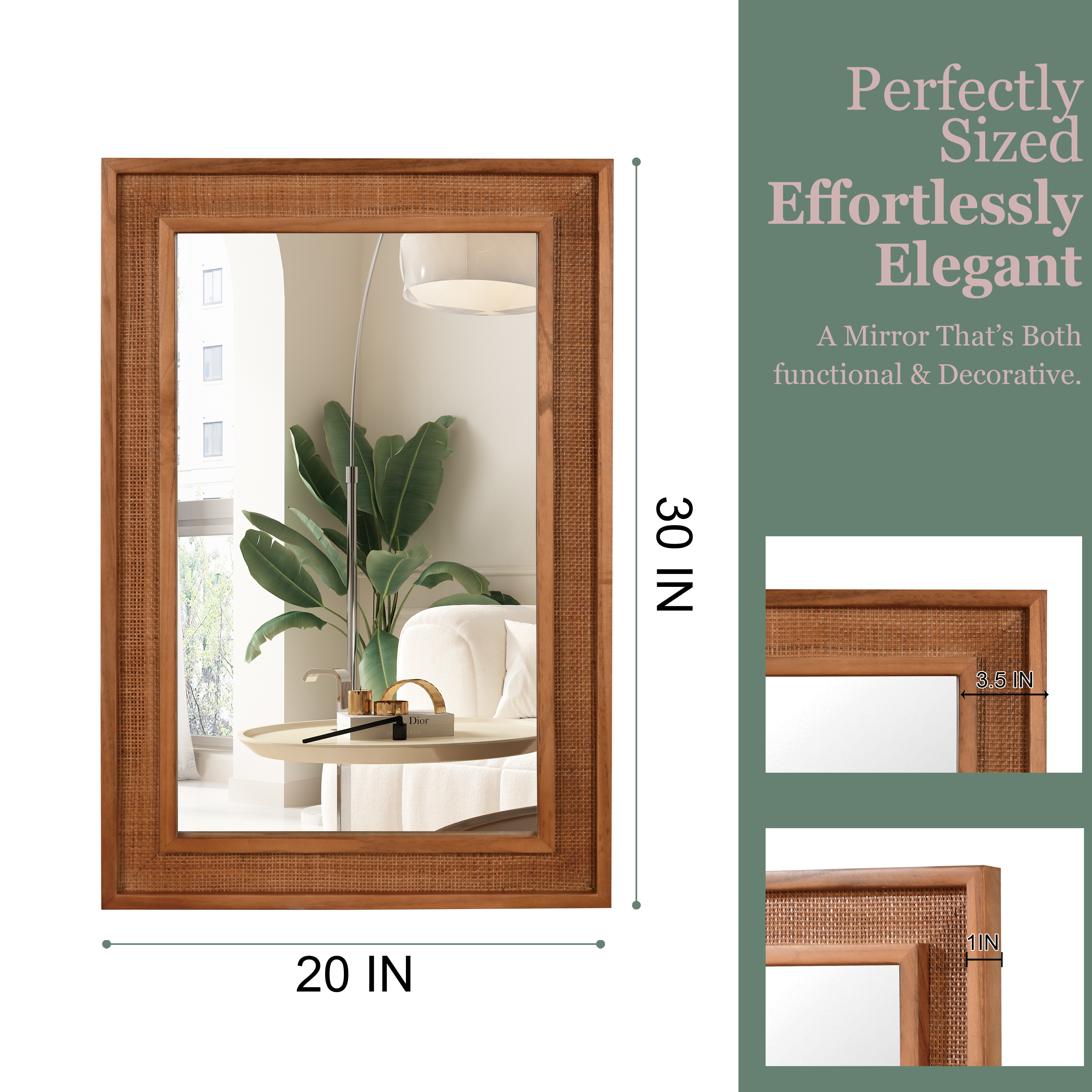 Yellowish Brown 20"x30" Rattan Rectangle Solid Wood Frame Decorative Mirror,For Farmhouse,Bathroom,Home Decor,Entryway — foto 8