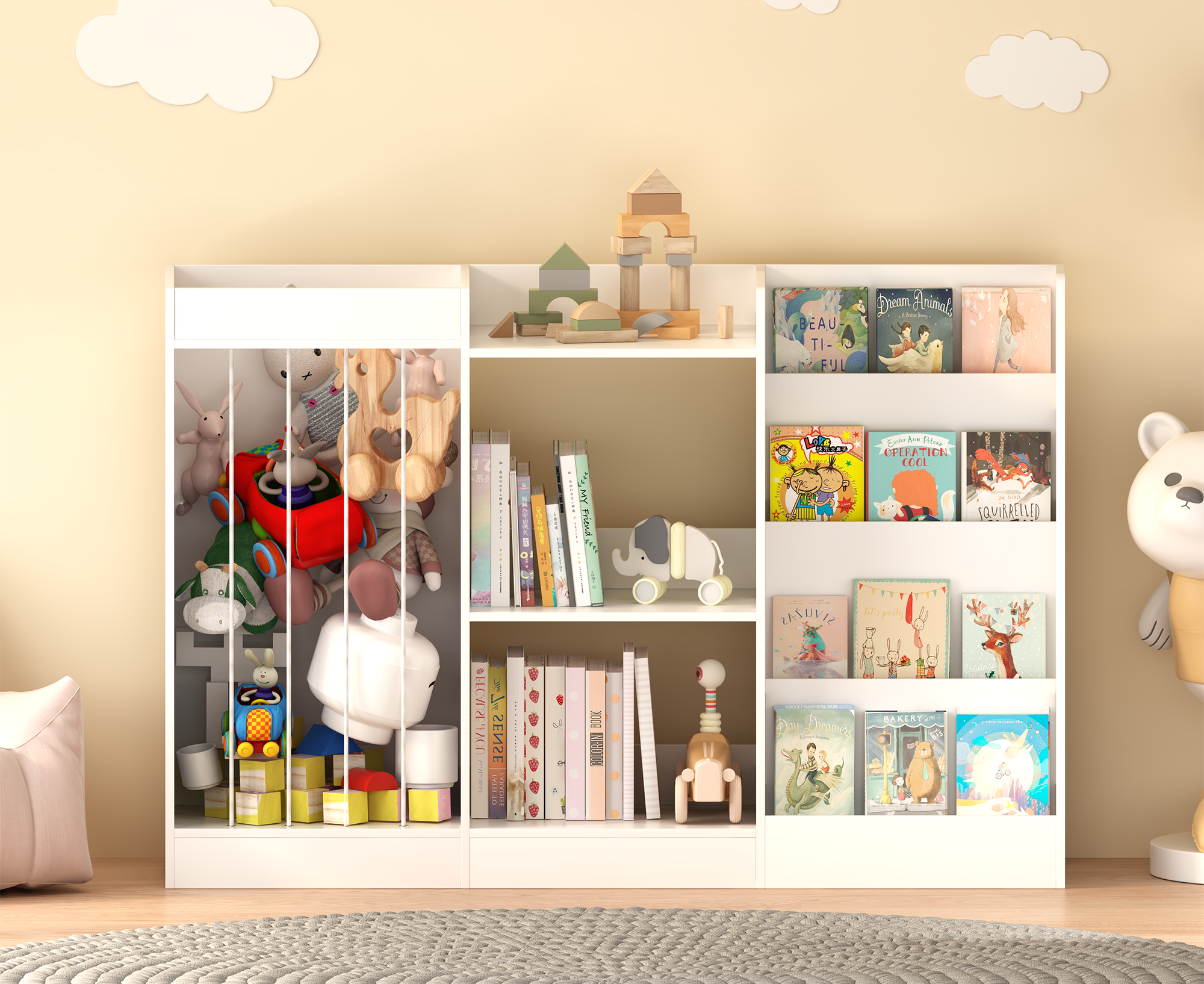 3-in-1 Kids Bookshelf and Toy Storage, 4-Tier Book Shelf for Kids Rooms, Sling Baby Bookcase with Stuffed Animal Storage, Toddler Montessori