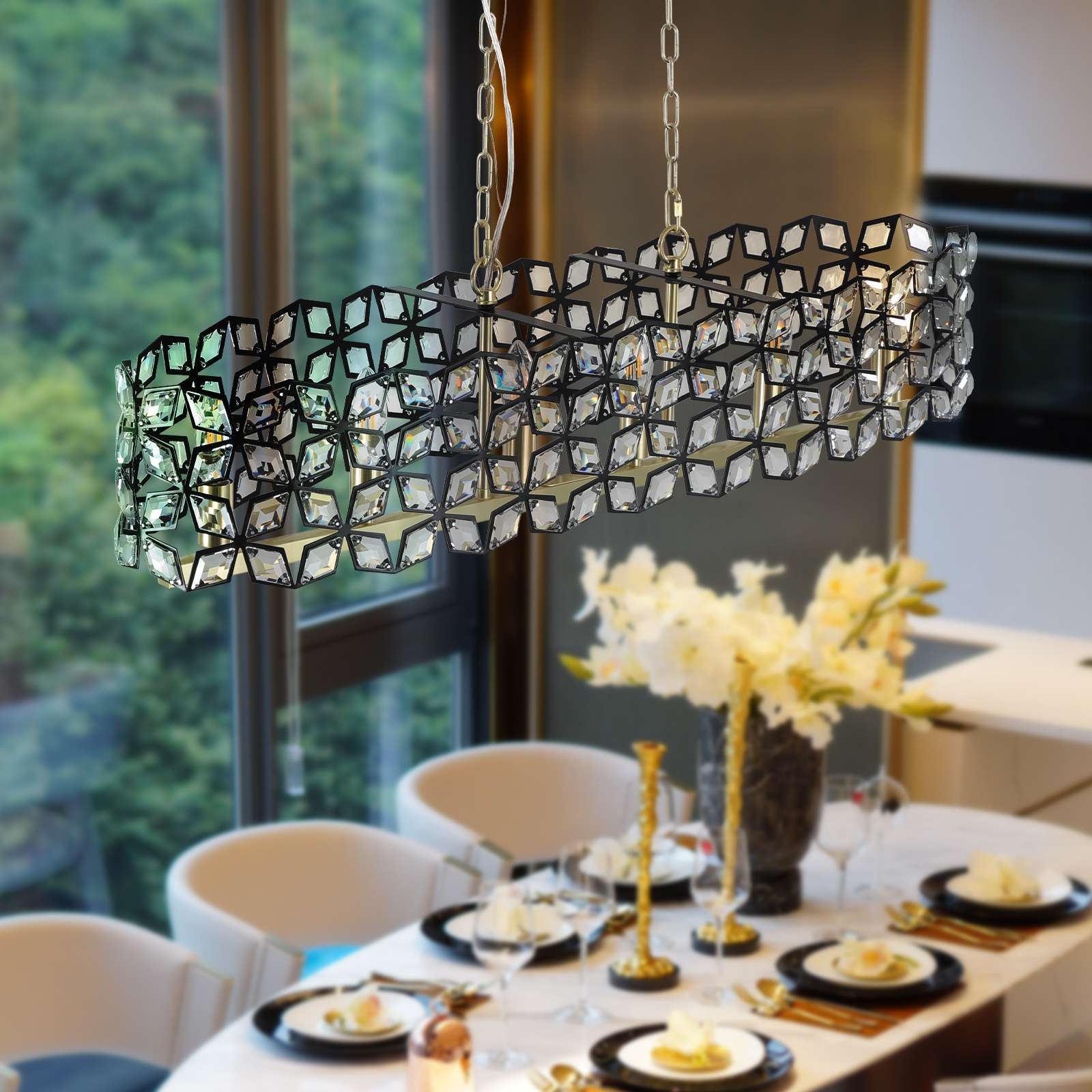 39" Contemporary Crystal and BlackGold Pendant Chandelier – Geometric Modern Light Fixture for Dining Room, Kitchen, or Living Room (Bulb Not Included) 2