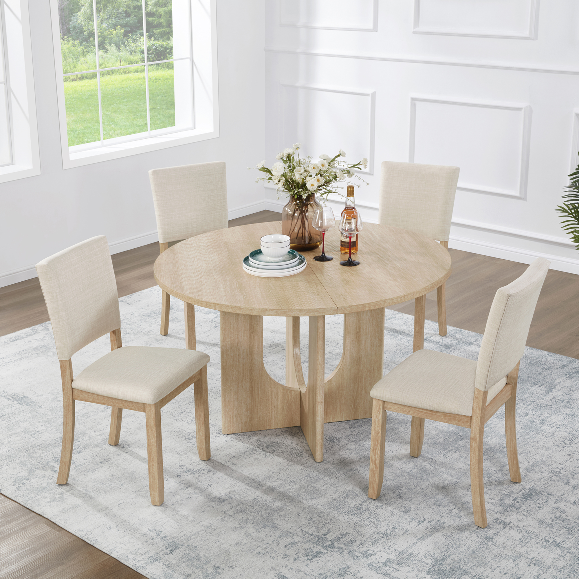 47.3" Round Dining Set with 4 Upholstered Dining Chairs, Modern Round Dining Table Set for 4, 5-Piece Round Dining Table Set for Living Room, Kitchen, Light Oak & Beige — foto 5