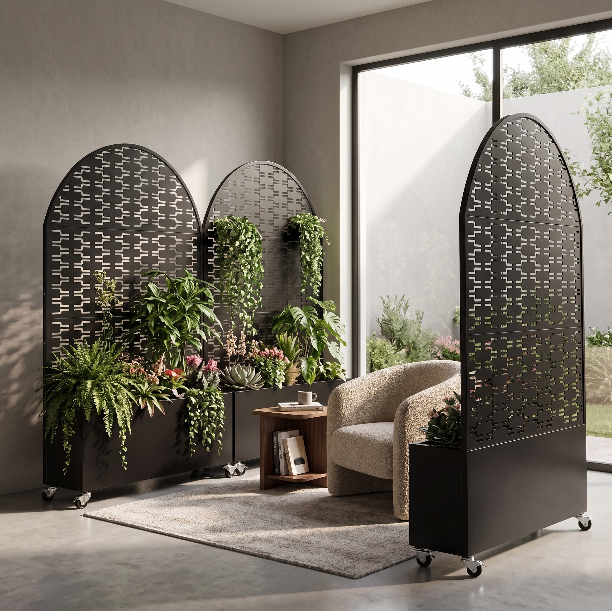 Arched Decorative Privacy Screen with Planter Box, 70.87" Tall Metal Freestanding Fence Planter, 35.04"×15.75"×16.92" Planter Box for Patio Balcony Backyard