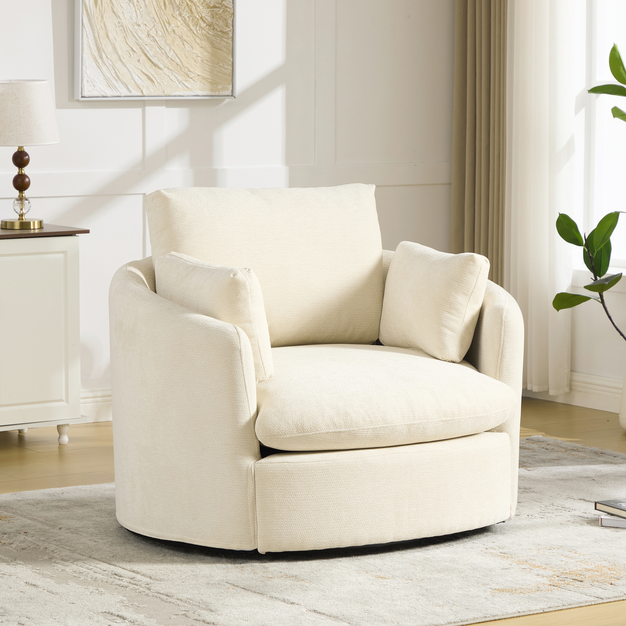 42.52"W Swivel Barrel Chair with Chenille, 360° Swivel Accent Chair with 3 Plump Pillows, Swivel Round Chair with Removable Cushion for Living Room Bedroom Apartment, Beige — foto 3