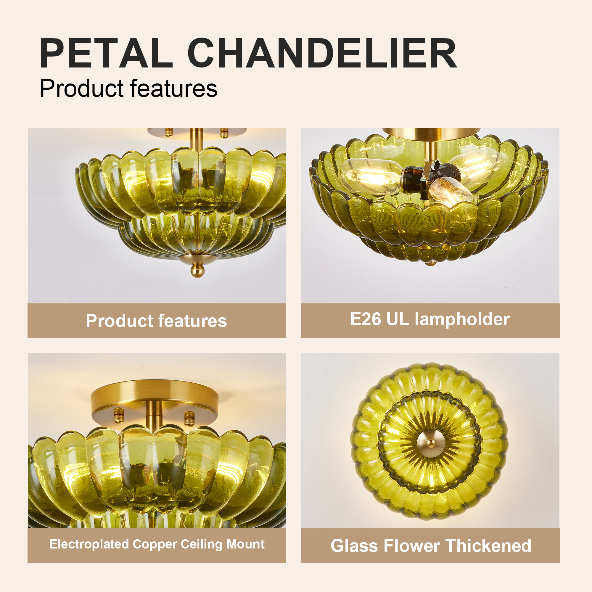 11.8 inch Kitchen Ceiling Light, 3-Light Semi Flush Mount Ceiling Lamp with Flower Glass, Vintage Close to Ceiling Light Fixtures for Bathroom Bedroom Hallway Entryway, Green 4