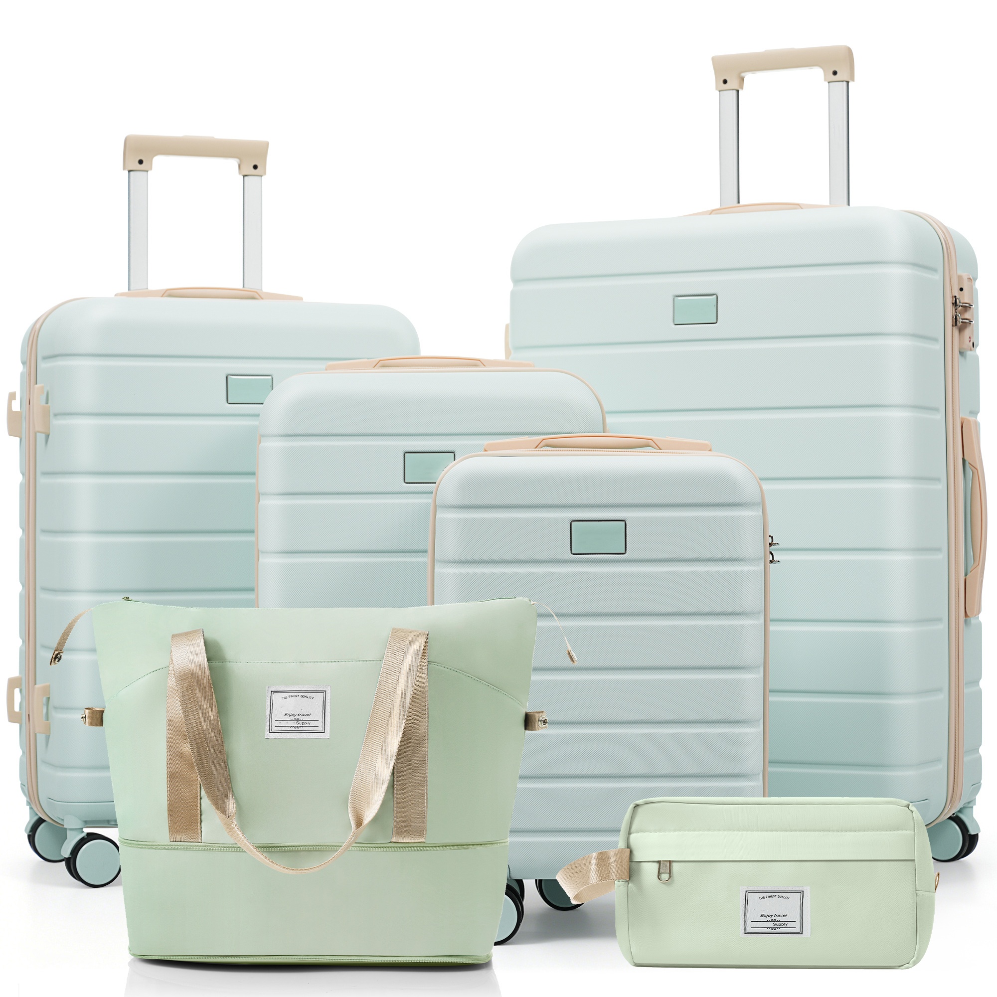 6-Piece Hardside Luggage Set with TSA Lock, 16/20/24/28 Inch Spinner Suitcase Set with Expandable Travel Duffel Bag & Waterproof Toiletry Kit, Adjustable Handle (grey green) 4