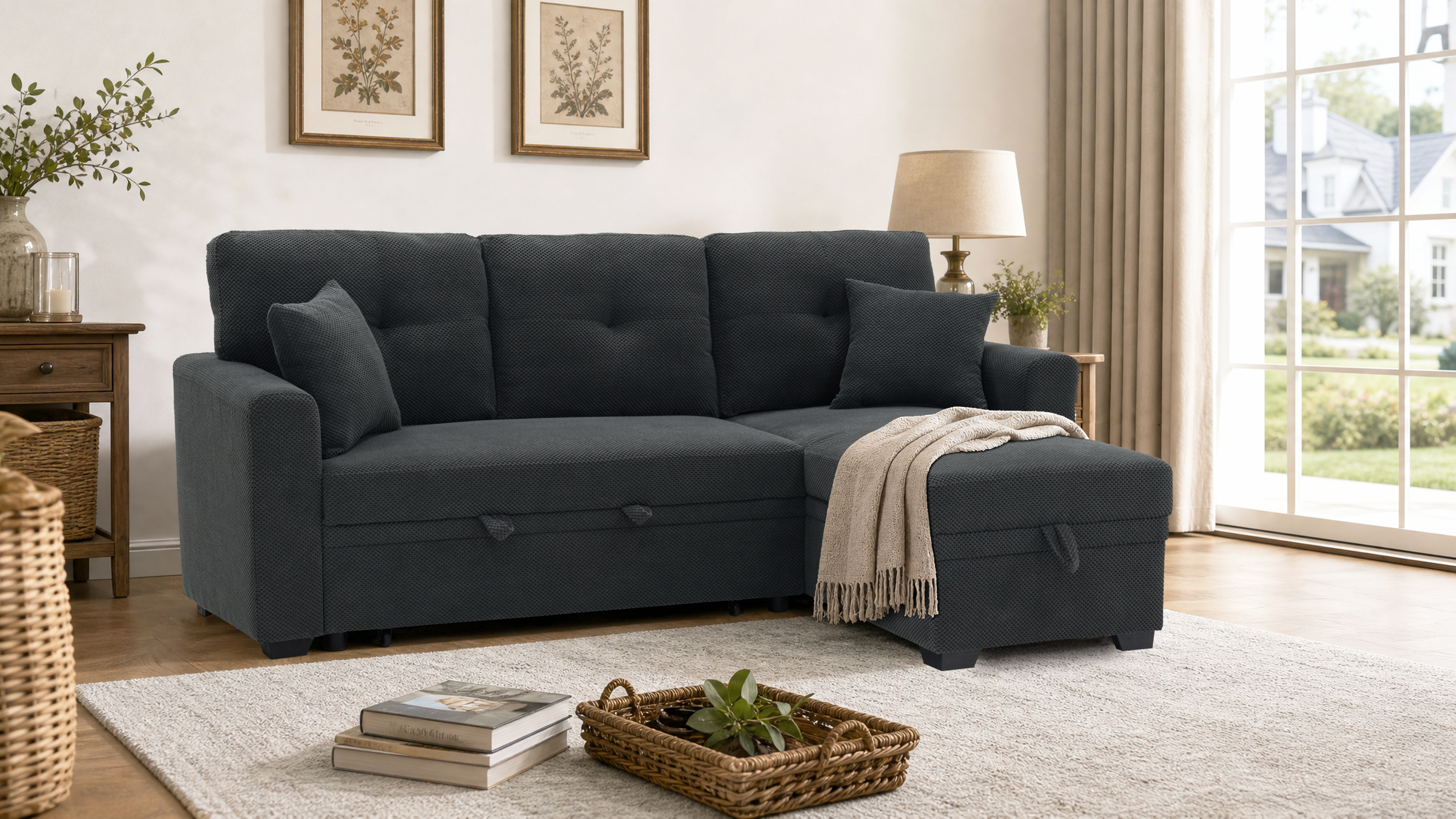 Sleeper Sofa, Sectional with Pull-Out Bed, Reversible Chaise, Storage Sectional,  Dark Gray breathable  fabric, Small Space Solution, Convertible Sofa Bed, Living Room Furniture, L-Shaped Sofa