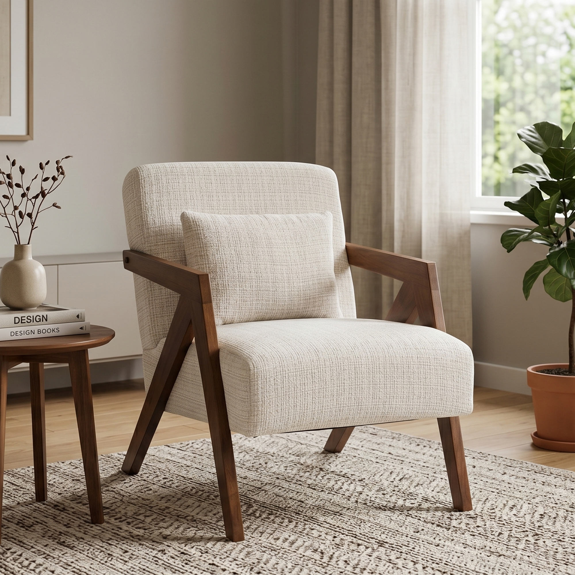 Mid-Century Modern Accent Chair with Solid Wood Frame,Upholstered Chenille Living Room Arm Chairs with Pillow for Bedroom, Living Room, Balcony, Reading Room