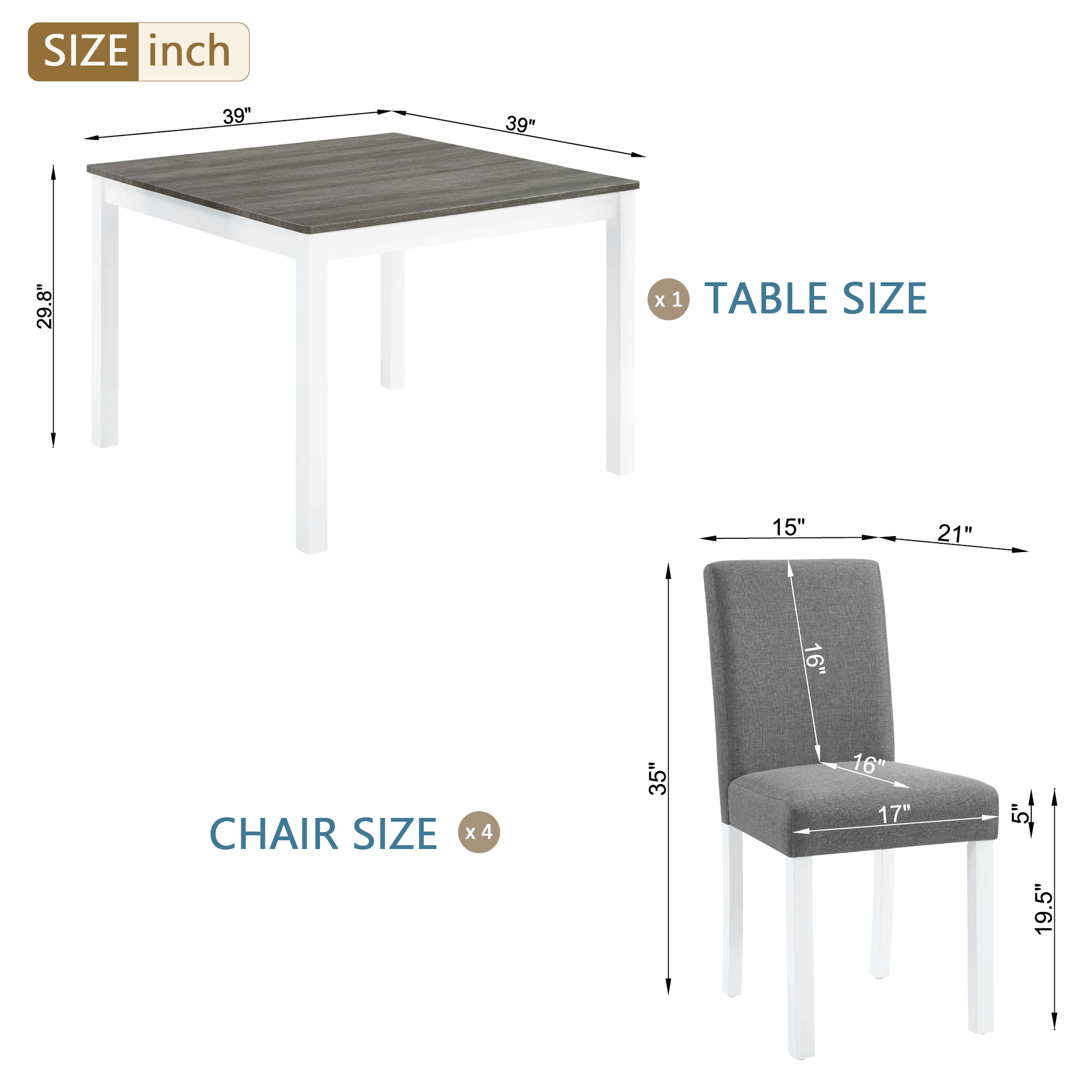 5-Piece Dining Table Set with 4 Chairs, Dining Table Set for 4 with Chairs, Wooden Dining Table Set for Kitchen, Dining Room, Grey & White Two Tone — foto 5