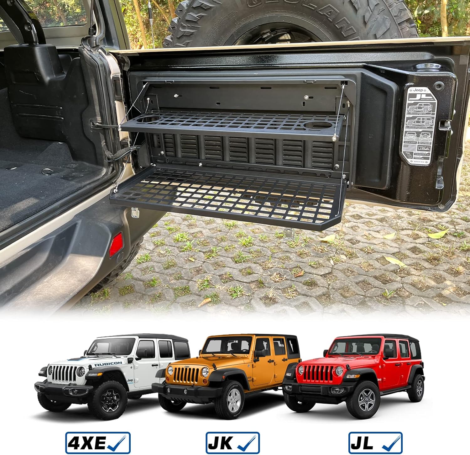 2-Tier Tailgate Table Rear Foldable Storage Cargo Rack Outdoor Camping Desk for 2007-2026 Jeep Wrangler JK&JL 4 Door (Not Fit JK Models with Stock Subwoofer) — foto 3