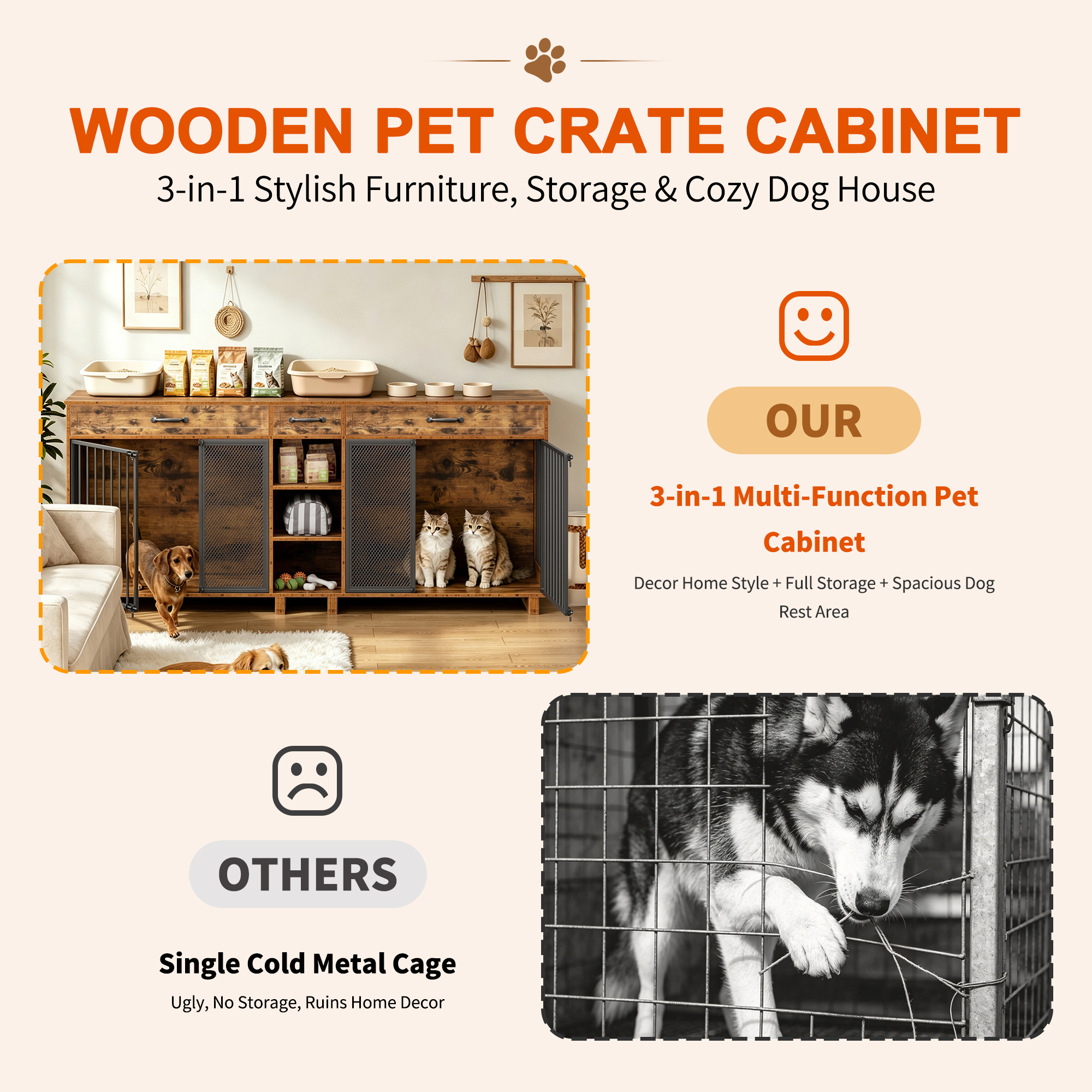 Large Wooden Dog Crate Furniture, Multi-Functional Pet Cage Cabinet with Storage — foto 7
