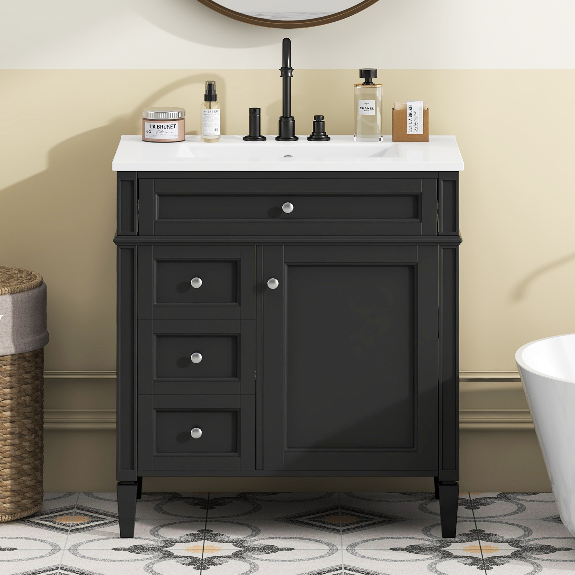 30'' Bathroom Vanity with Top Sink, Modern Bathroom Storage Cabinet with 2 Drawers and a Tip-out Drawer, Single Sink Bathroom Vanity — foto 4