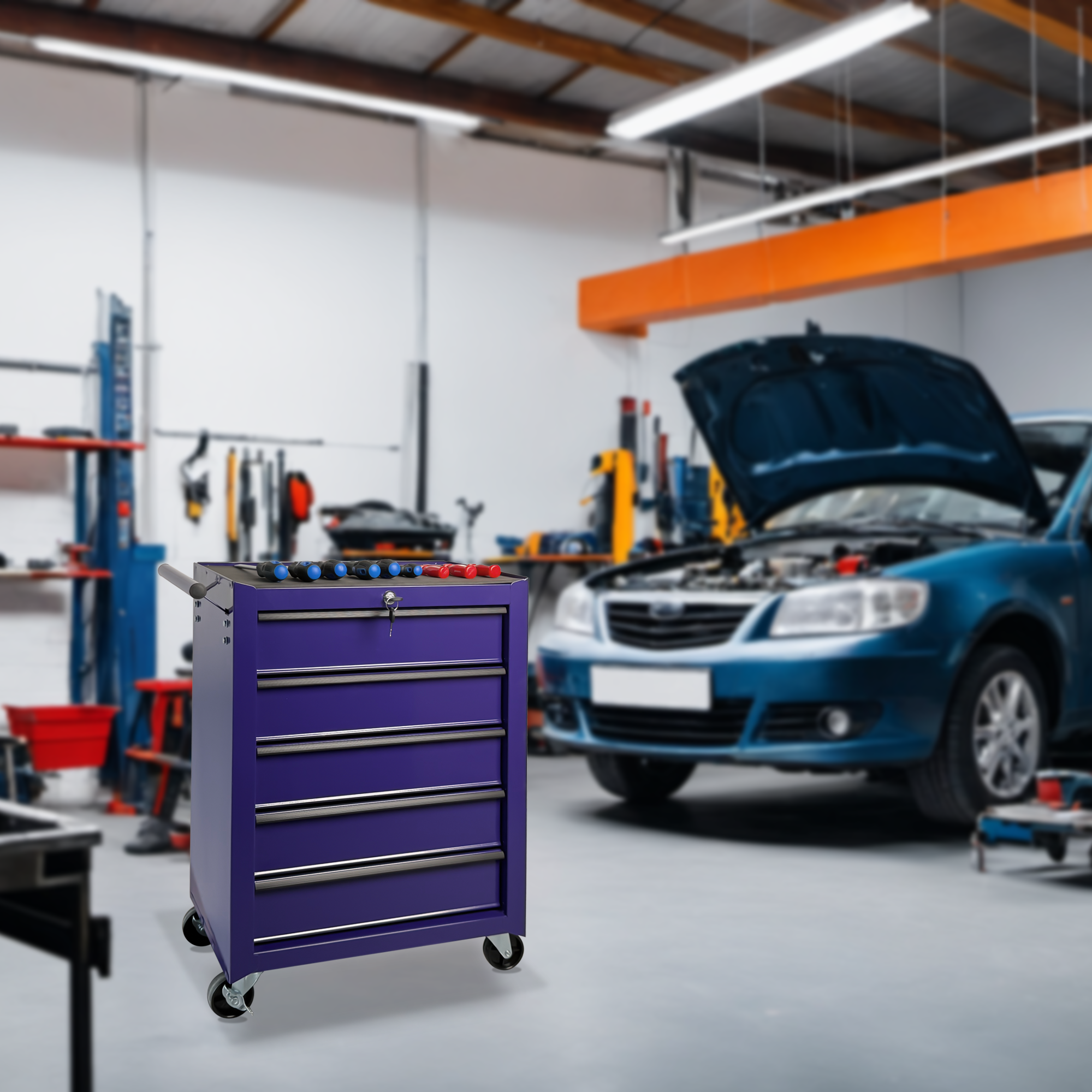 Rolling Metal Tool Chest with 5 Drawers, 20" 5-Drawer Tool Chest Cabinet with Ball Bearing Drawer Slides, Steel Tool Storage Box Organizer -PURPLE — foto 4