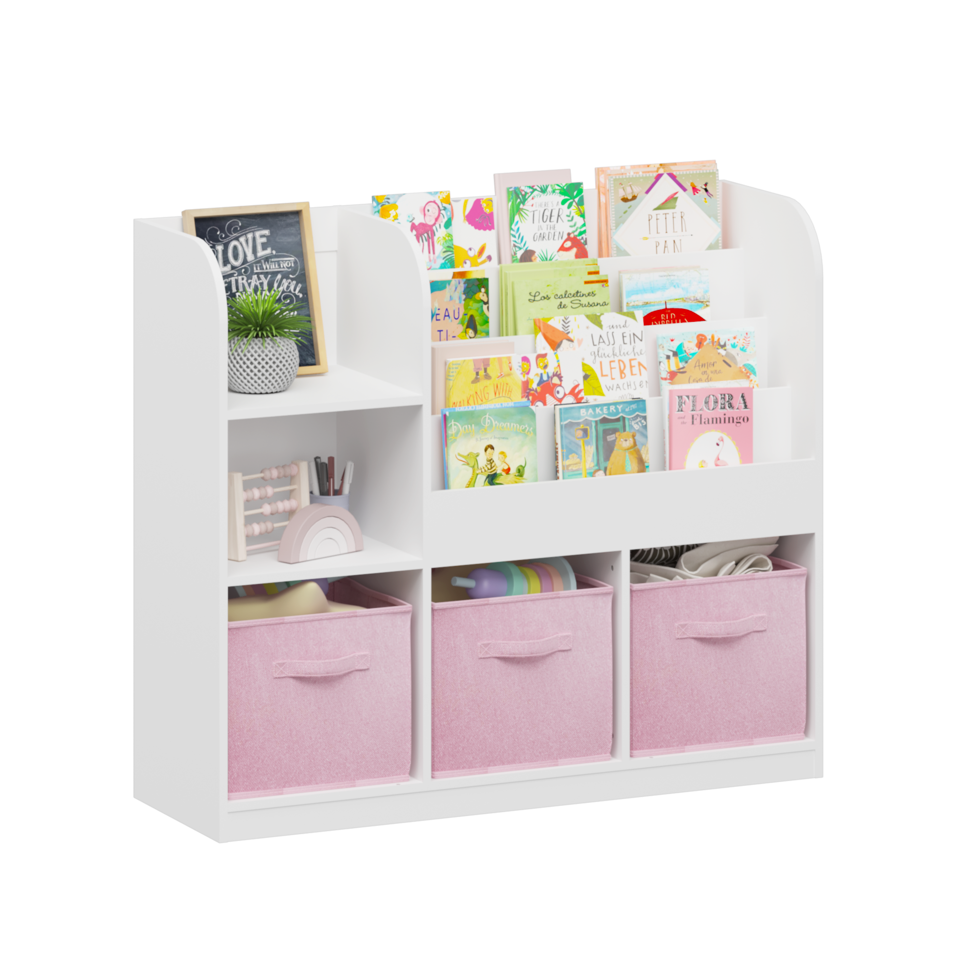 Kids Bookcase and Bookshelf, Multifunctional Bookcase with 3 Collapsible Fabric Drawers, Bookcase Display Stand, Toy Storage Organizer for Bedroom, Playroom, Hallway (White/Pink) — foto 5