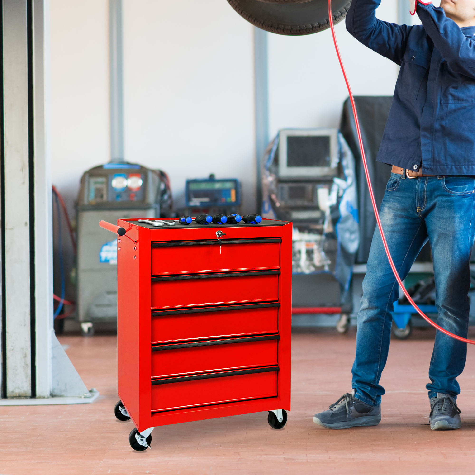 Rolling Metal Tool Chest with 5 Drawers, 20" 5-Drawer Tool Chest Cabinet with Ball Bearing Drawer Slides, Steel Tool Storage Box Organizer-RED — foto 10