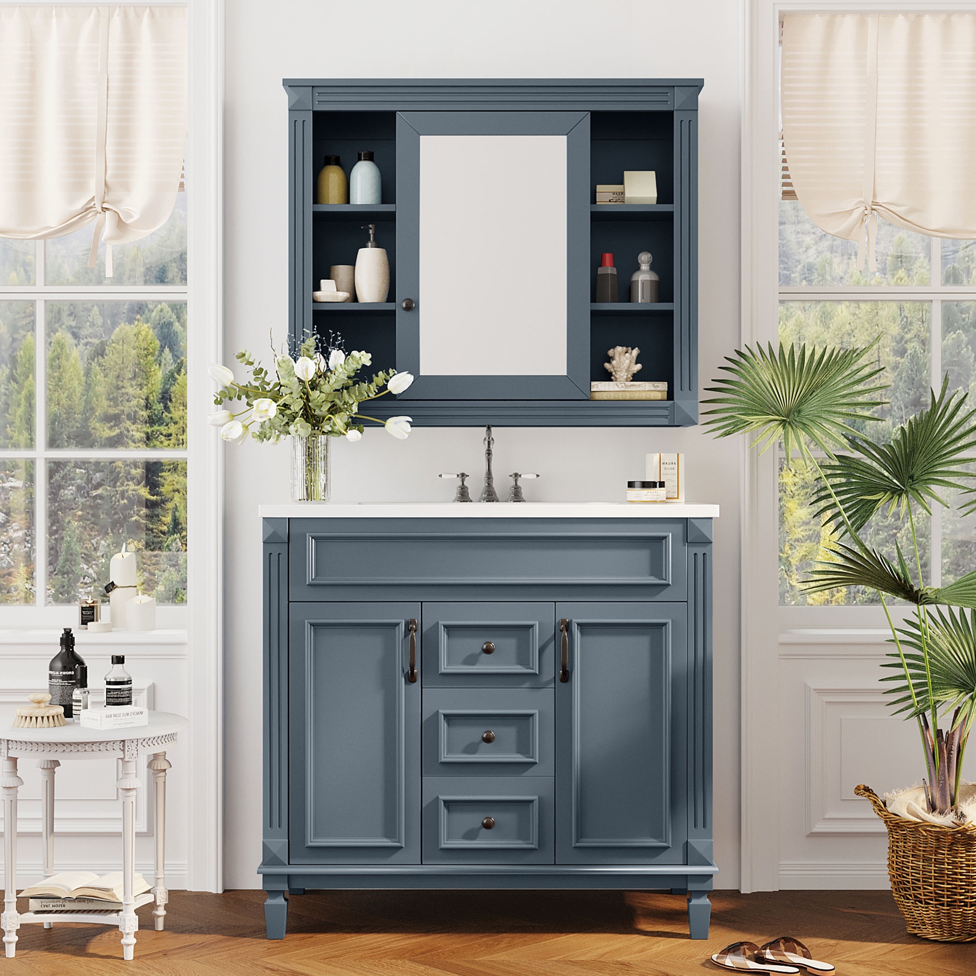 36'' Bathroom Vanity with Top Sink, Royal Blue Mirror Cabinet, Modern Bathroom Storage Cabinet with 2 Soft Closing Doors, Single Sink Bathroom Vanity — foto 8