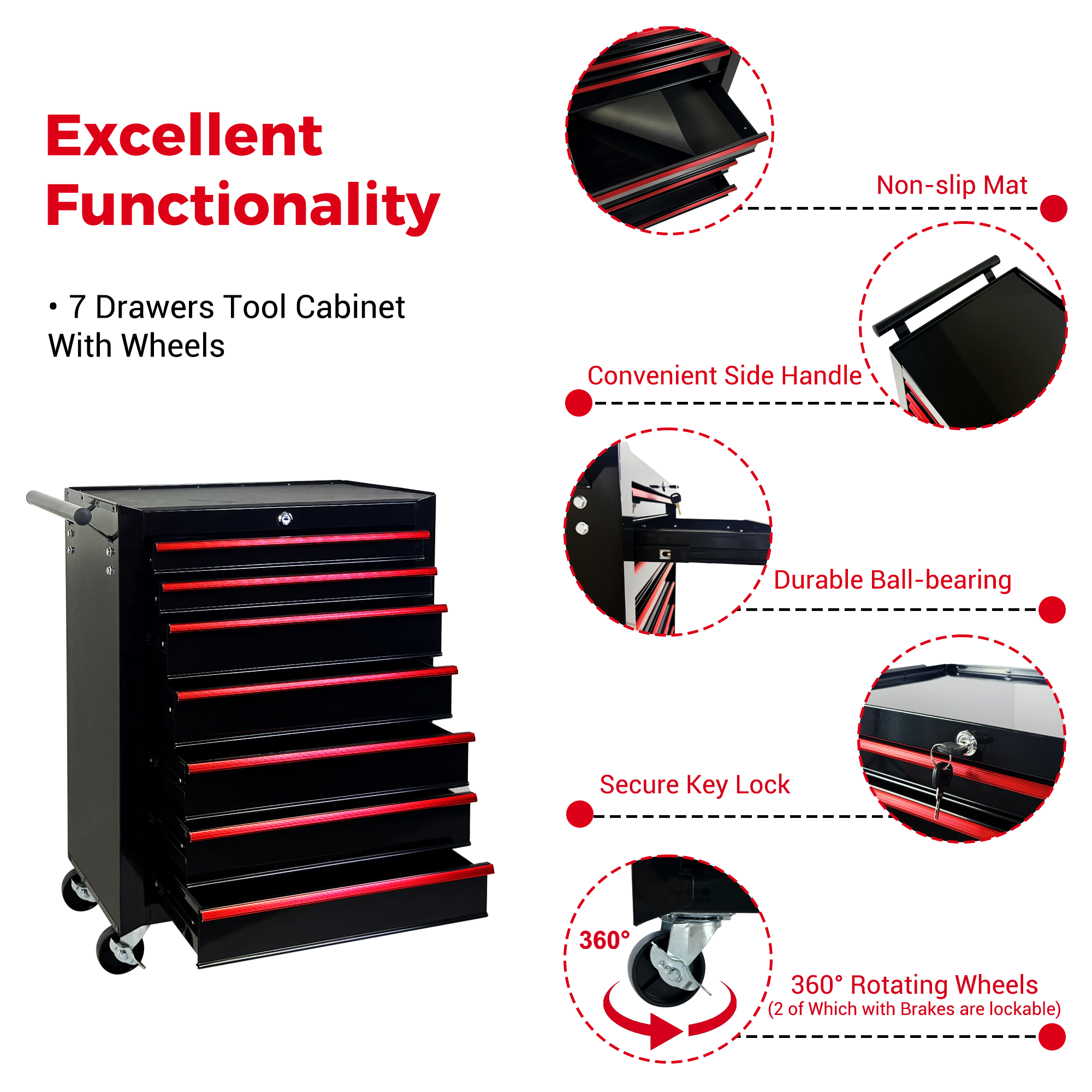 Rolling Metal Tool Chest with 7 Drawers, 20" 7-Drawer Tool Chest Cabinet with Ball Bearing Drawer Slides, Steel Tool Storage Box Organizer  -BLACK — foto 7