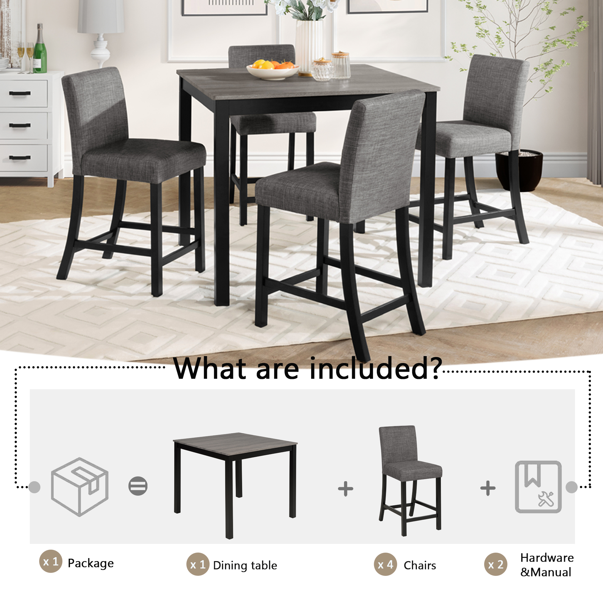 5-Piece Counter Height Table Set with 4 Chairs, Counter Height Table Set for 4 with Chairs, Wooden Counter Height  Table Set for Kitchen, Dining Room, Light Grey & Black Two Tone — foto 8
