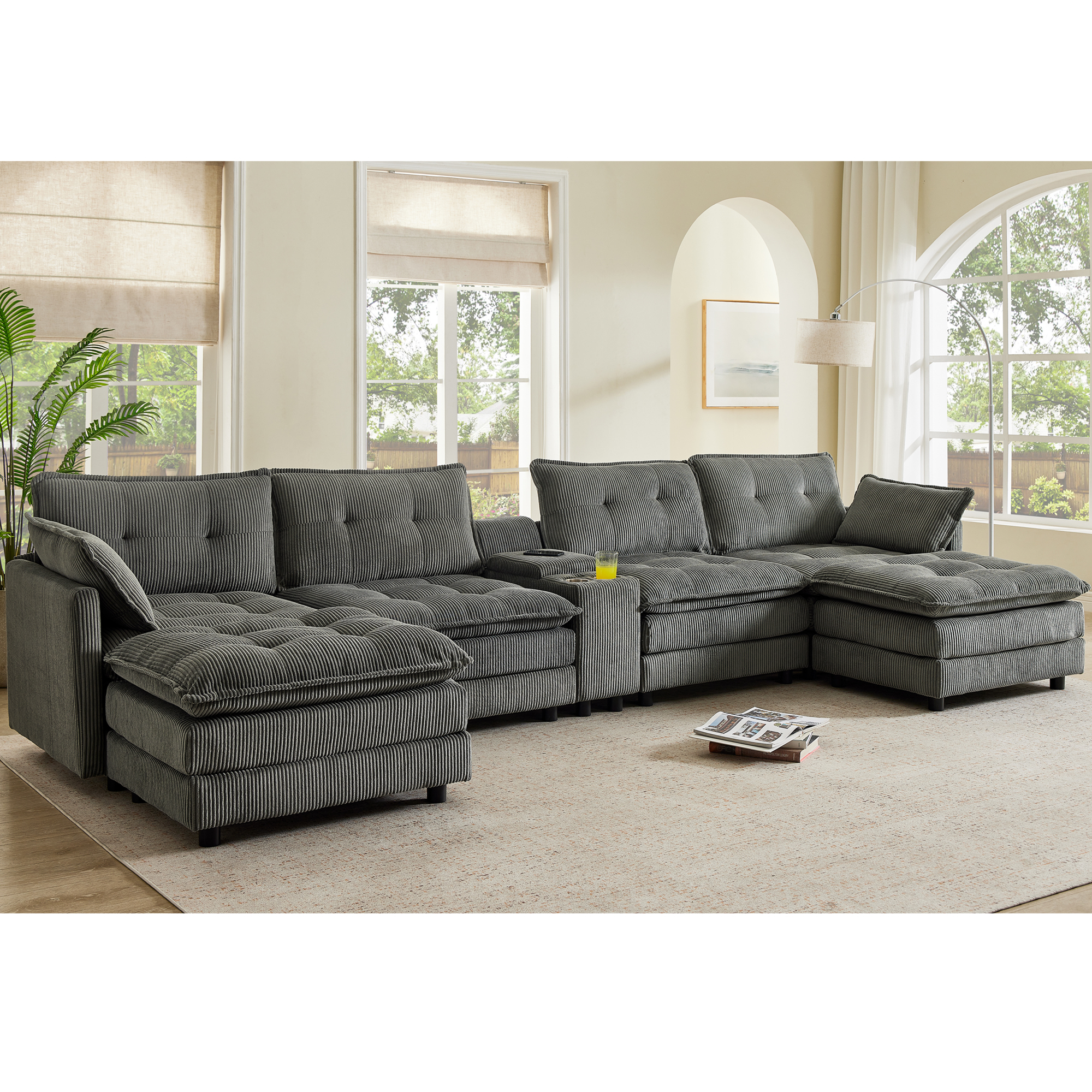 154" Sectional Cloud Sofa Couch with Ottomans, Modular U Shaped Couches for Living Room, Comfy Corduroy Oversized Sectional Modern 6 Seat Deep Seat Sofa Set with Central Console USB Port, Grey — foto 8