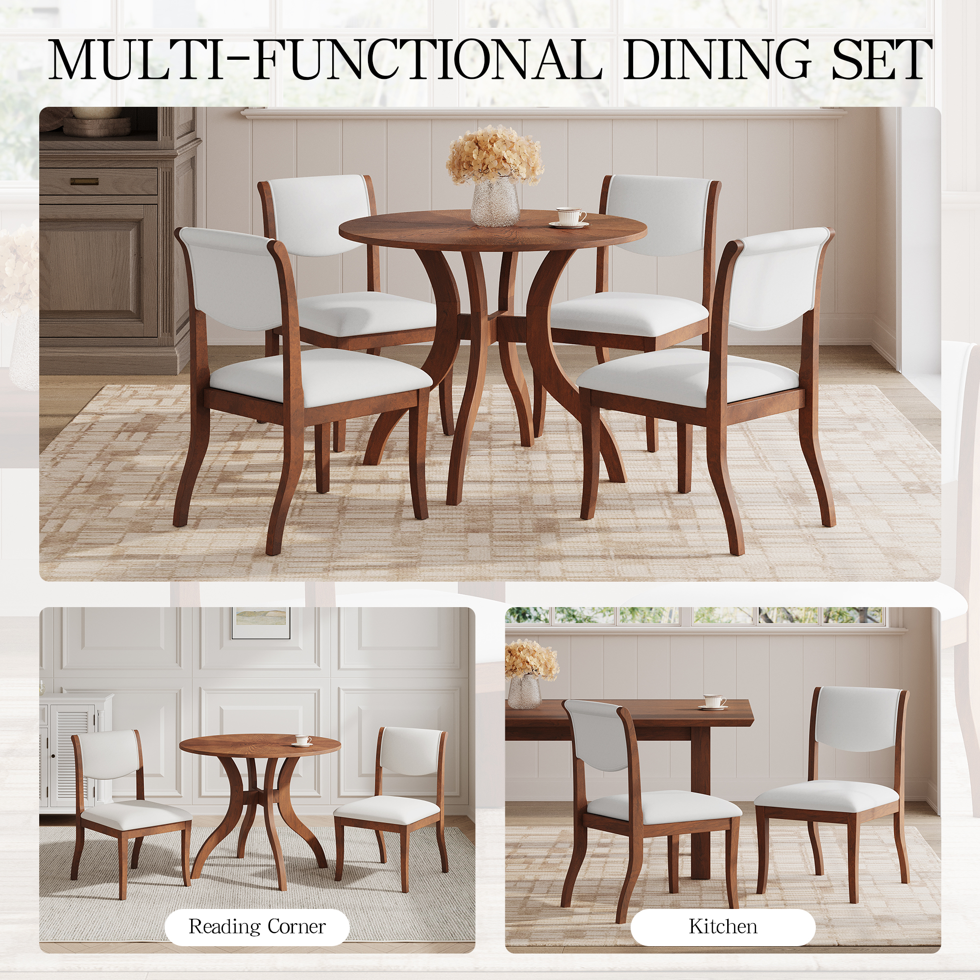 Walnut Dining Table Set:39.4" Round Table + 2 Chairs - Traditional Solid Wood Kitchen Set with Inlaid Tabletop, Elegant Curved Legs for Dining Room — foto 3