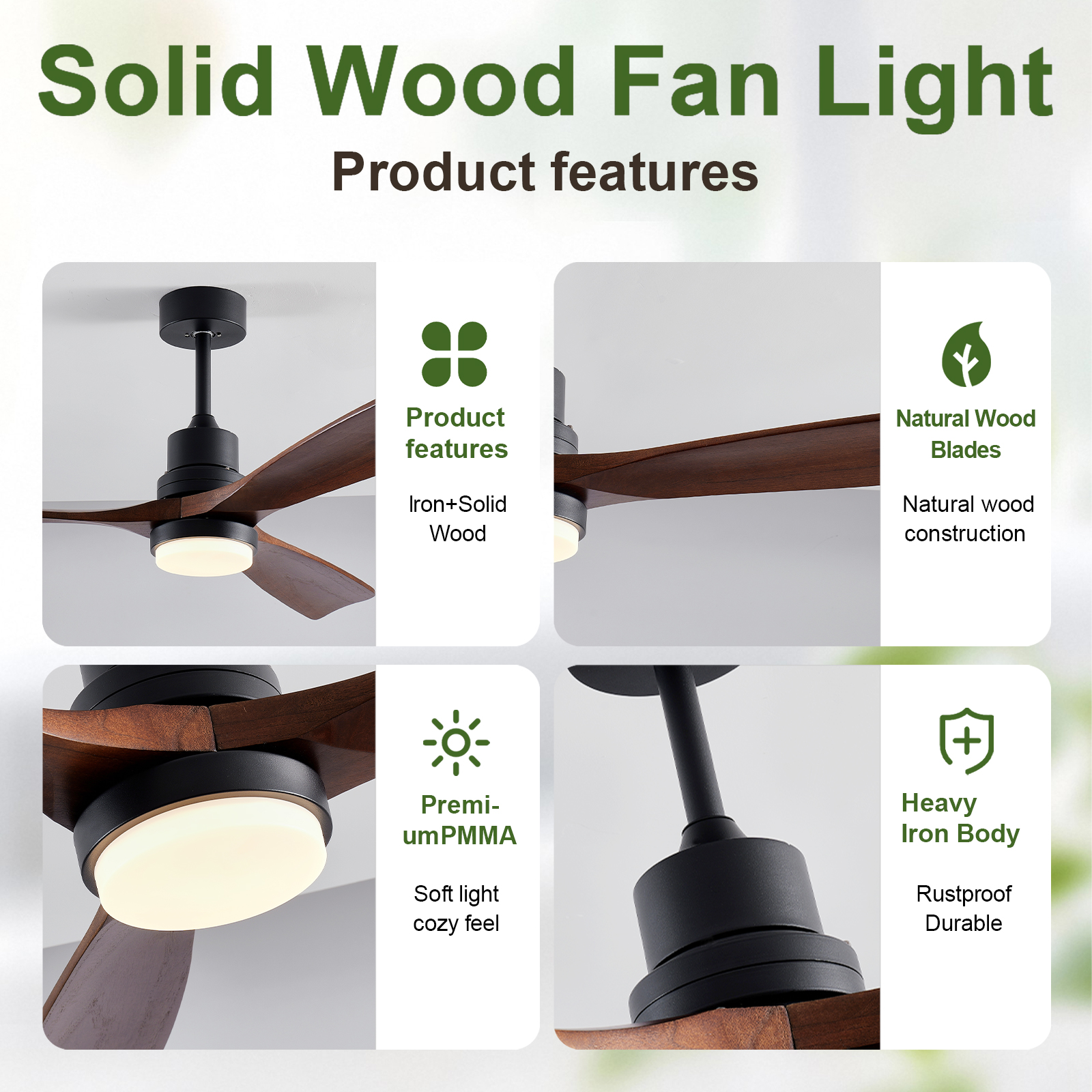 52" Wooden Ceiling Fans with Lighted Remote Control, Indoor Outdoor Wooden Ceiling Fan, Outdoor Modern Ceiling Fan with 3 Fan Blades for Patio, Living Room, Farmhouse, etc (Black + Walnut) — foto 2