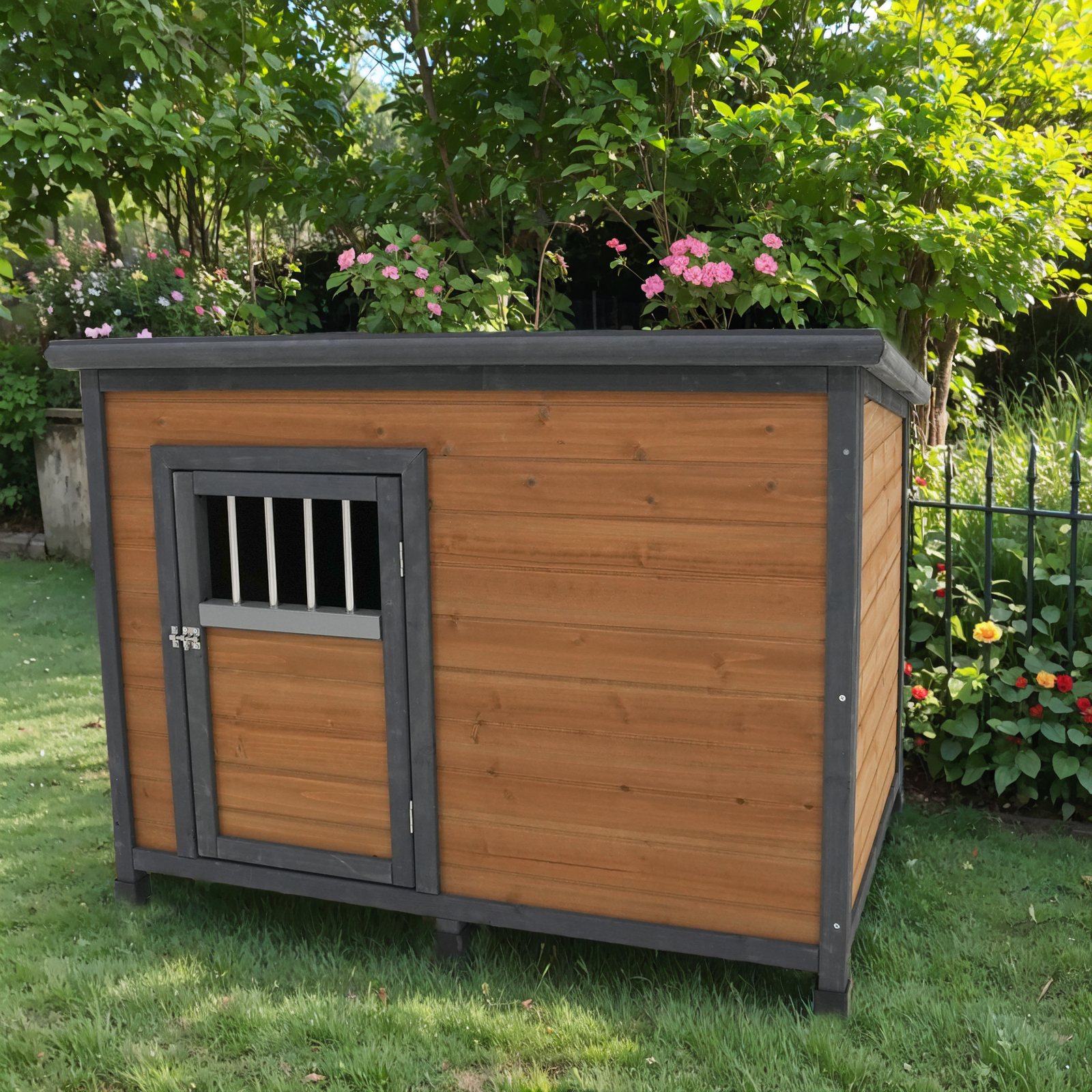 45"large solid wood dog house, waterproof PVC plastic roof, breathable wooden doors — foto 6