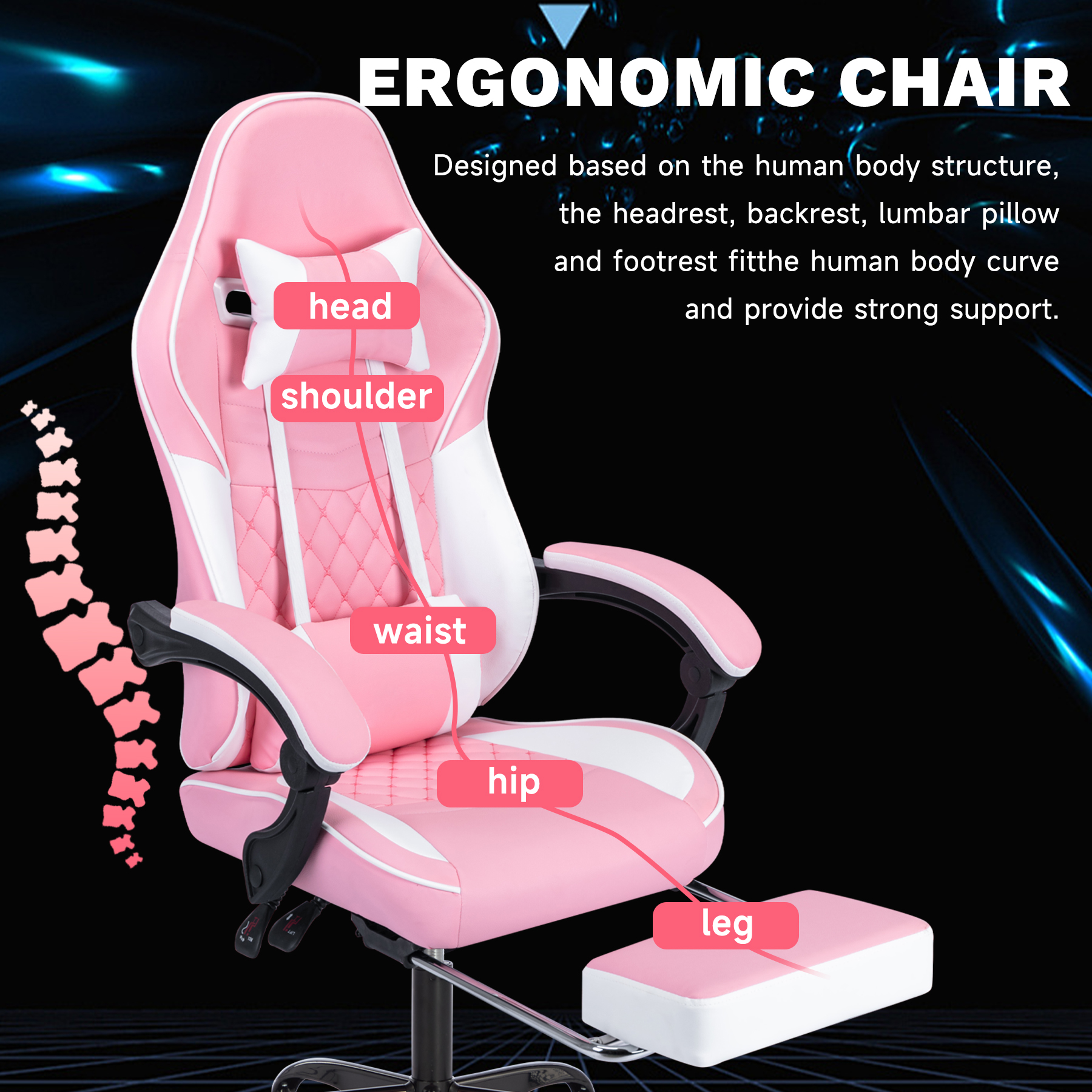 Ergonomic Video Gamer Chairs,Computer Gaming Chairs with Massage Lumbar Support and footrest,Racing Style Computer Chair Adjustable Headrest for Adults,Pink White — foto 6