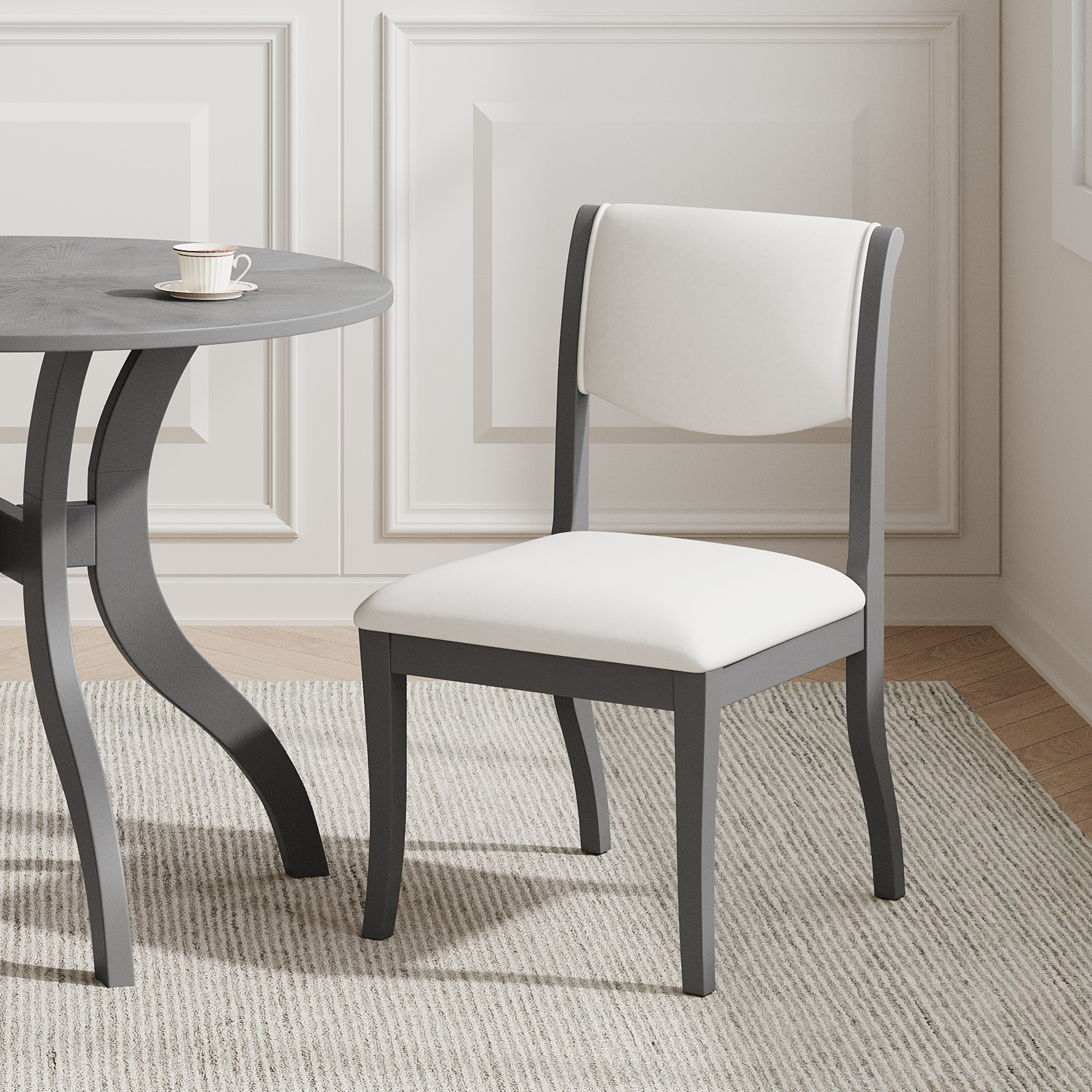 Oak Gray Finish Upholstered Dining Chairs Set of 2 - Traditional Elegant Fabric Side Chairs with Curved Lines, Solid Hardwood Frame — foto 5