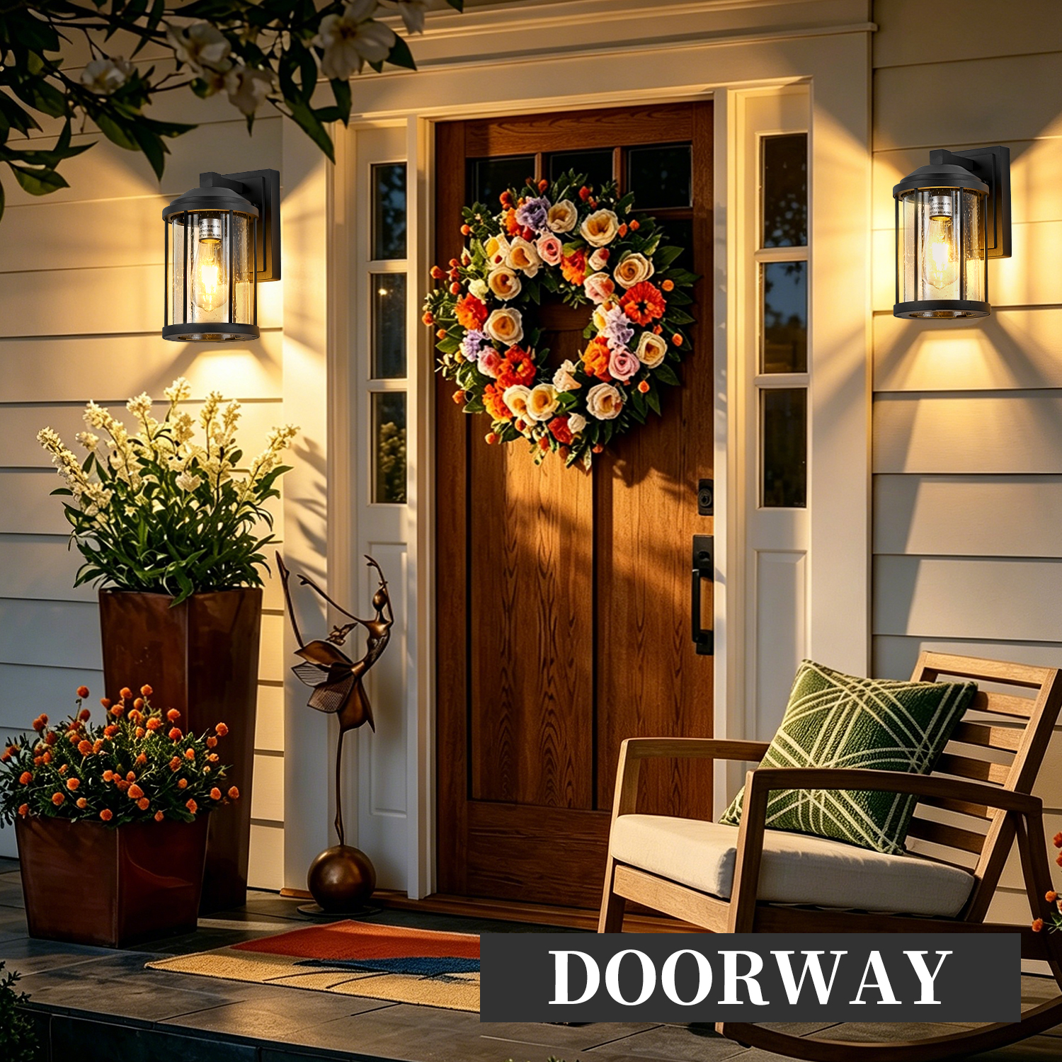 Outdoor Wall Sconces 2 Pack, Exterior Light Lantern Fixtures, Porch Light Lamps Outdoor Wall Mounted in Black Finish with Seeded Glass for House, Garage, Patio, Yard, Garden