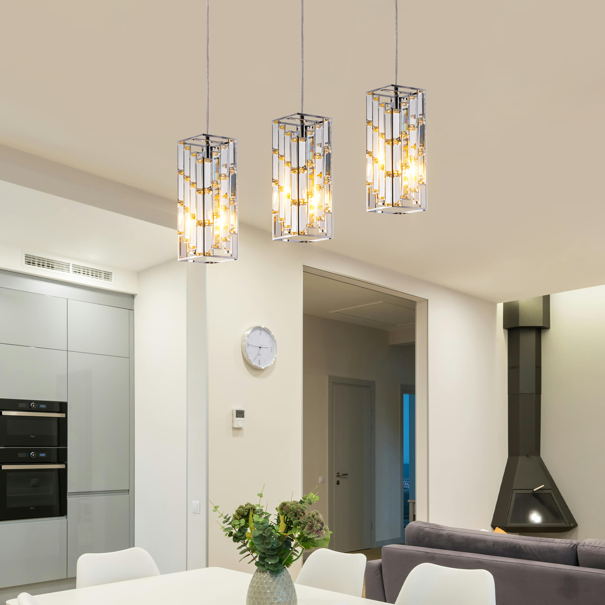 4" Modern Crystal Pendant Light - 3 Pack, Adjustable Hanging Ceiling Lamp with Crystal Prism Design for Dining Room, Kitchen Island, and Living Room -Chrome Finish — foto 6