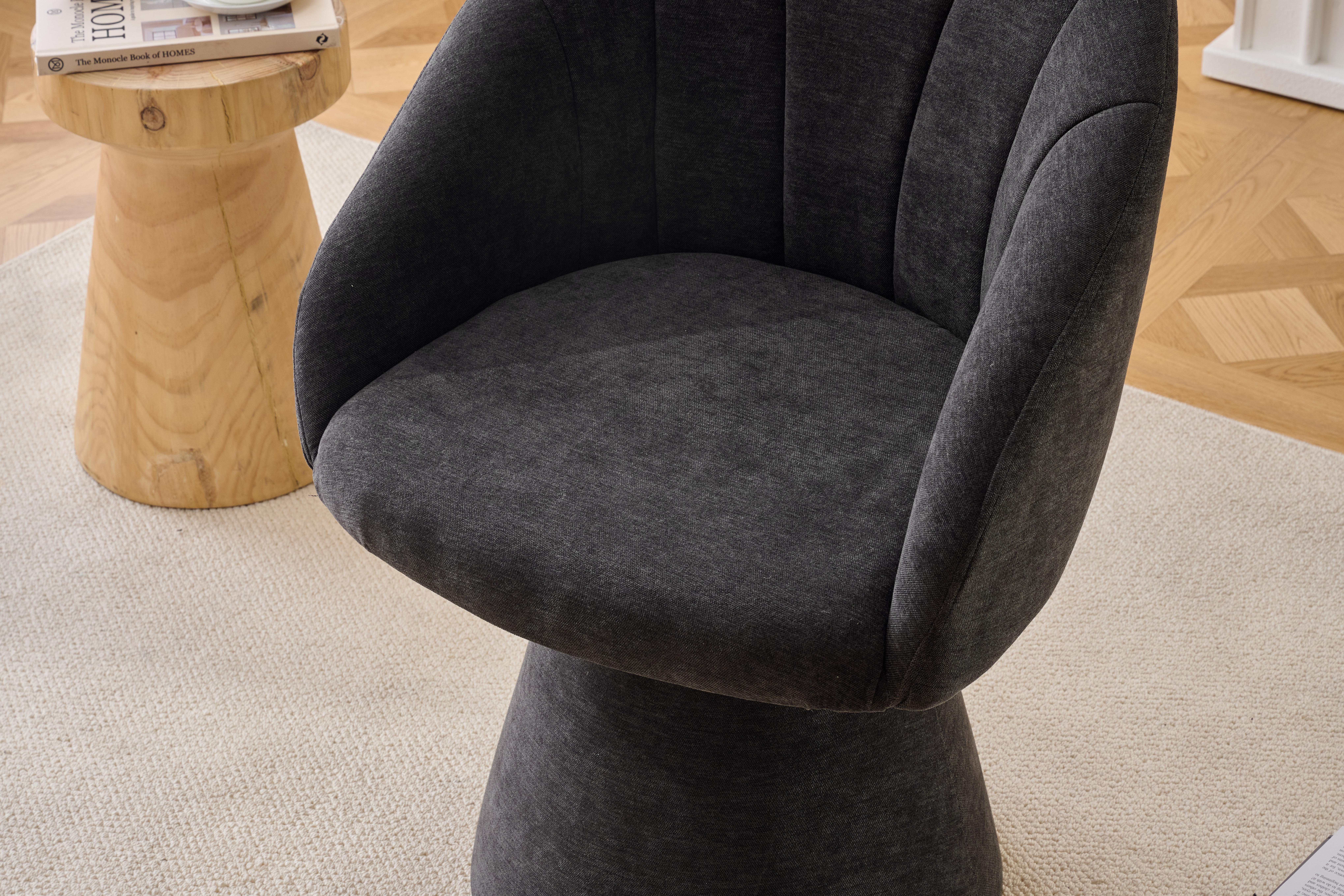 068-Chenille Fabric Swivel Accent Armchair, Comfy Vanity Chair With Curved Backrest, Upholstered Dining Chair With High Cylindrical Base,Gray — foto 6