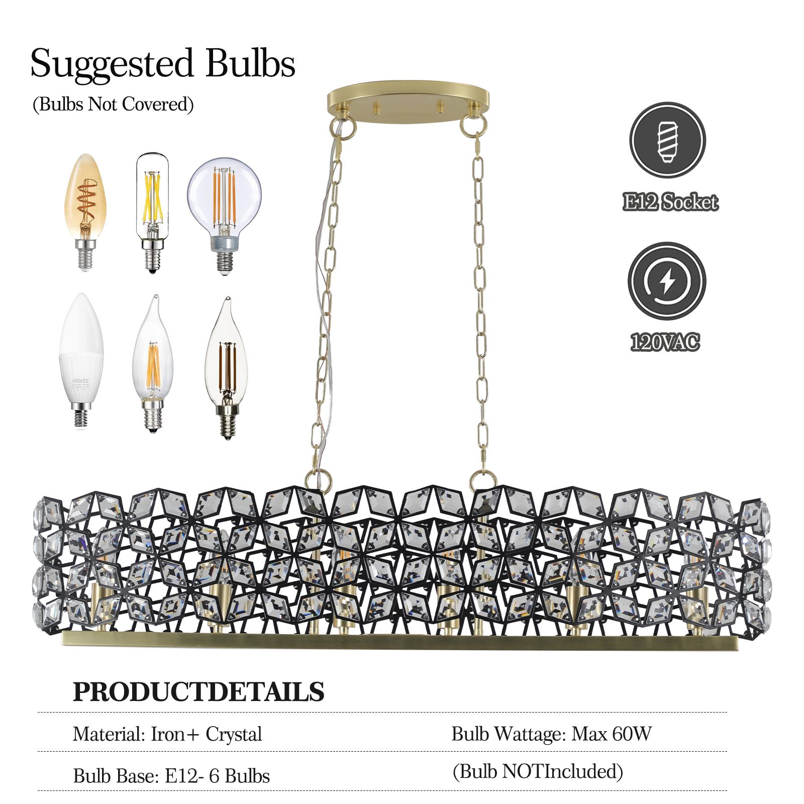 39" Contemporary Crystal and BlackGold Pendant Chandelier – Geometric Modern Light Fixture for Dining Room, Kitchen, or Living Room (Bulb Not Included) 4