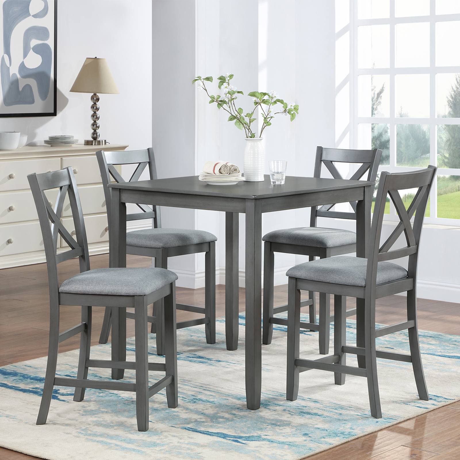 5 Piece Dining Table Set, Wooden Dining Square Table Set for 4, Counter Height Kitchen Table Set with Square Table and 4 Upholstered Chairs for Small Space, Gray — foto 3