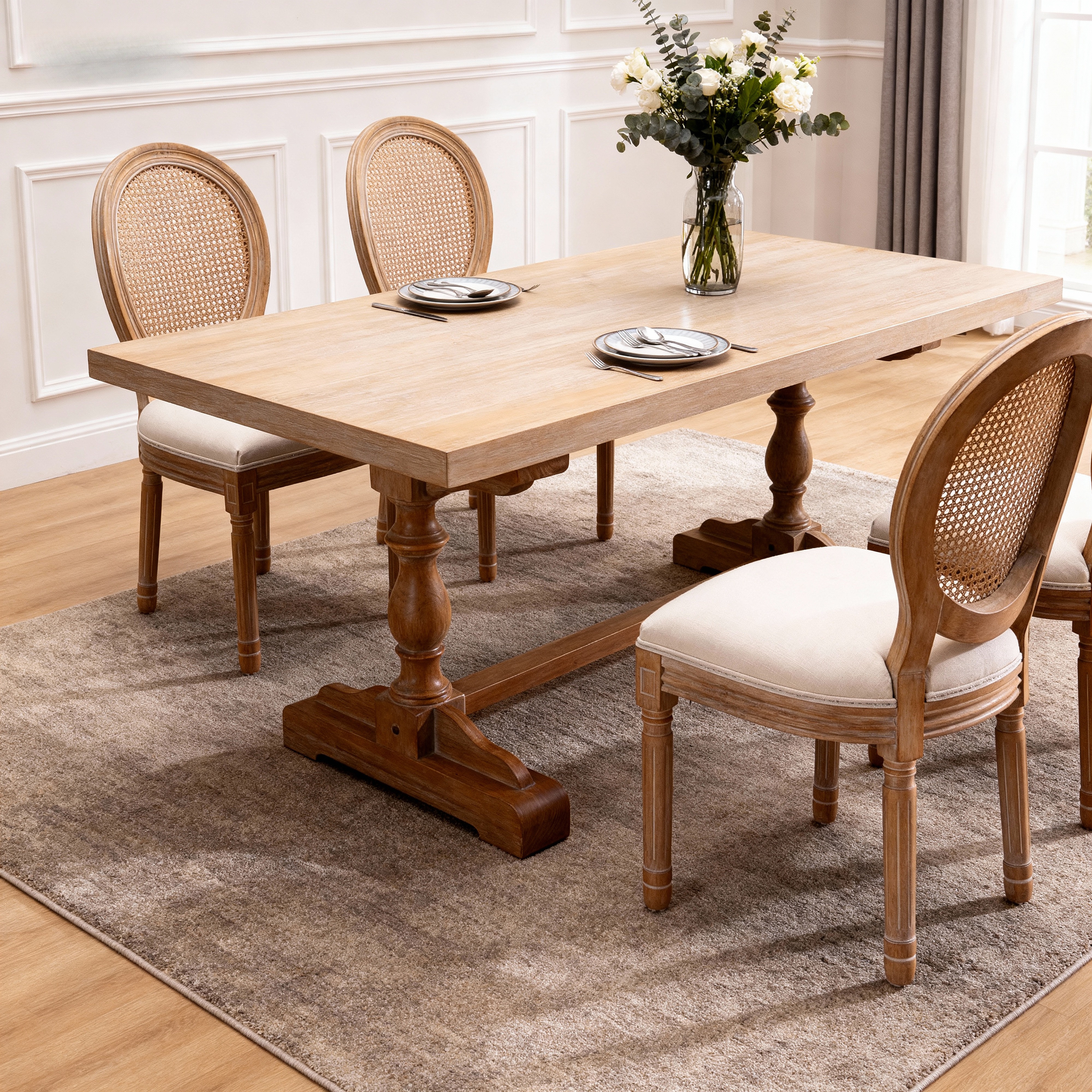 French Style Solid Wood Frame Linen Fabric Rattan Back Dining Chair,Set of 2, Beige — foto 4
