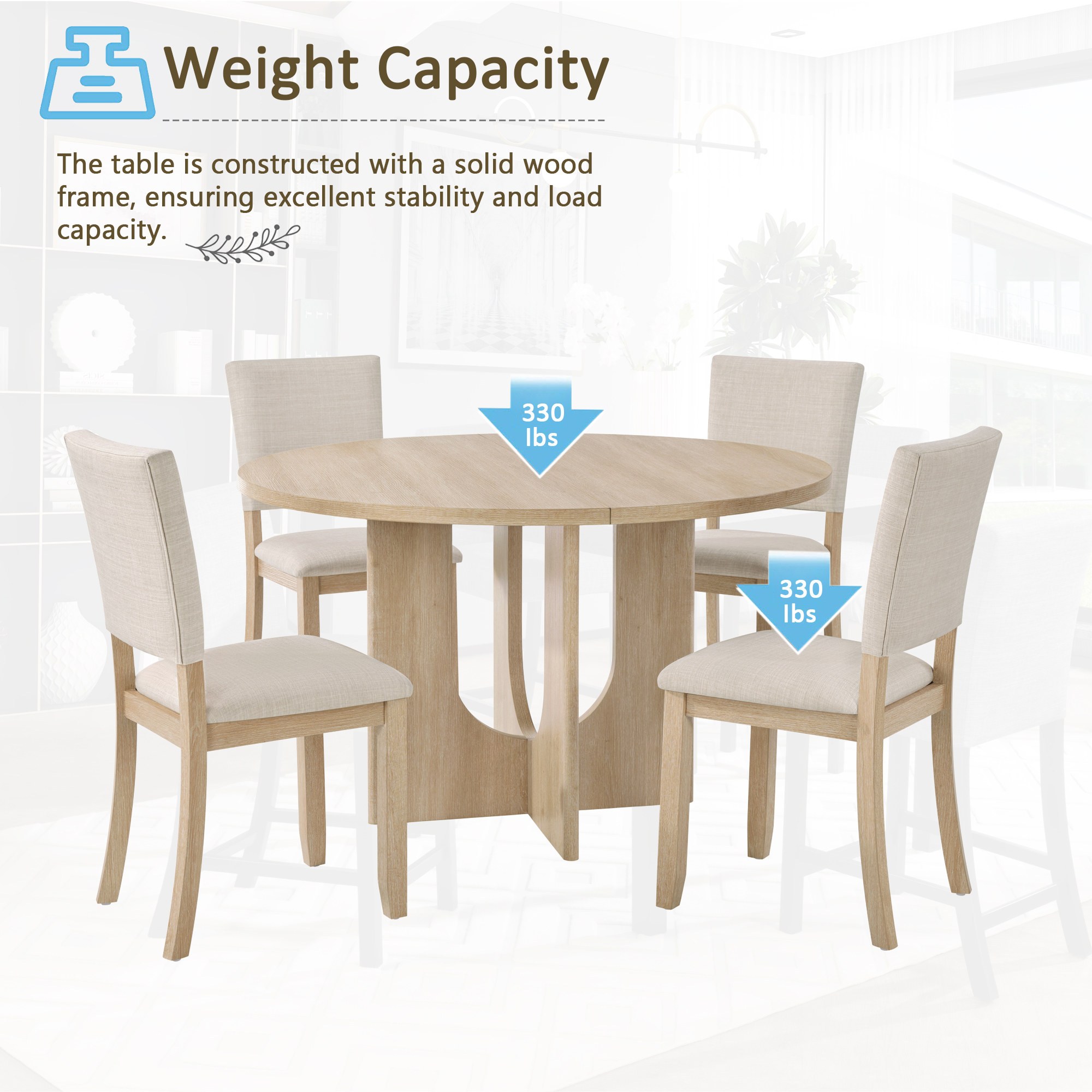 47.3" Round Dining Set with 4 Upholstered Dining Chairs, Modern Round Dining Table Set for 4, 5-Piece Round Dining Table Set for Living Room, Kitchen, Light Oak & Beige — foto 7