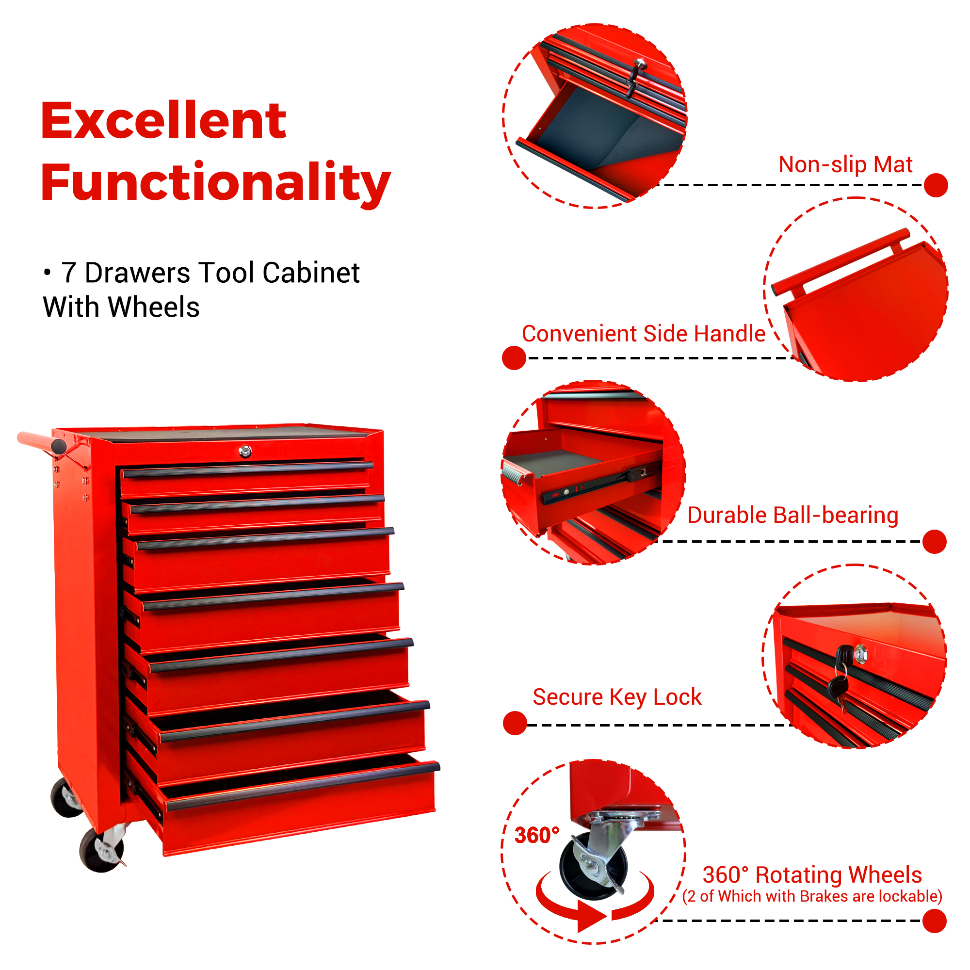 Rolling Metal Tool Chest with 7 Drawers, 20" 7-Drawer Tool Chest Cabinet with Ball Bearing Drawer Slides, Steel Tool Storage Box Organizer  -RED — foto 10