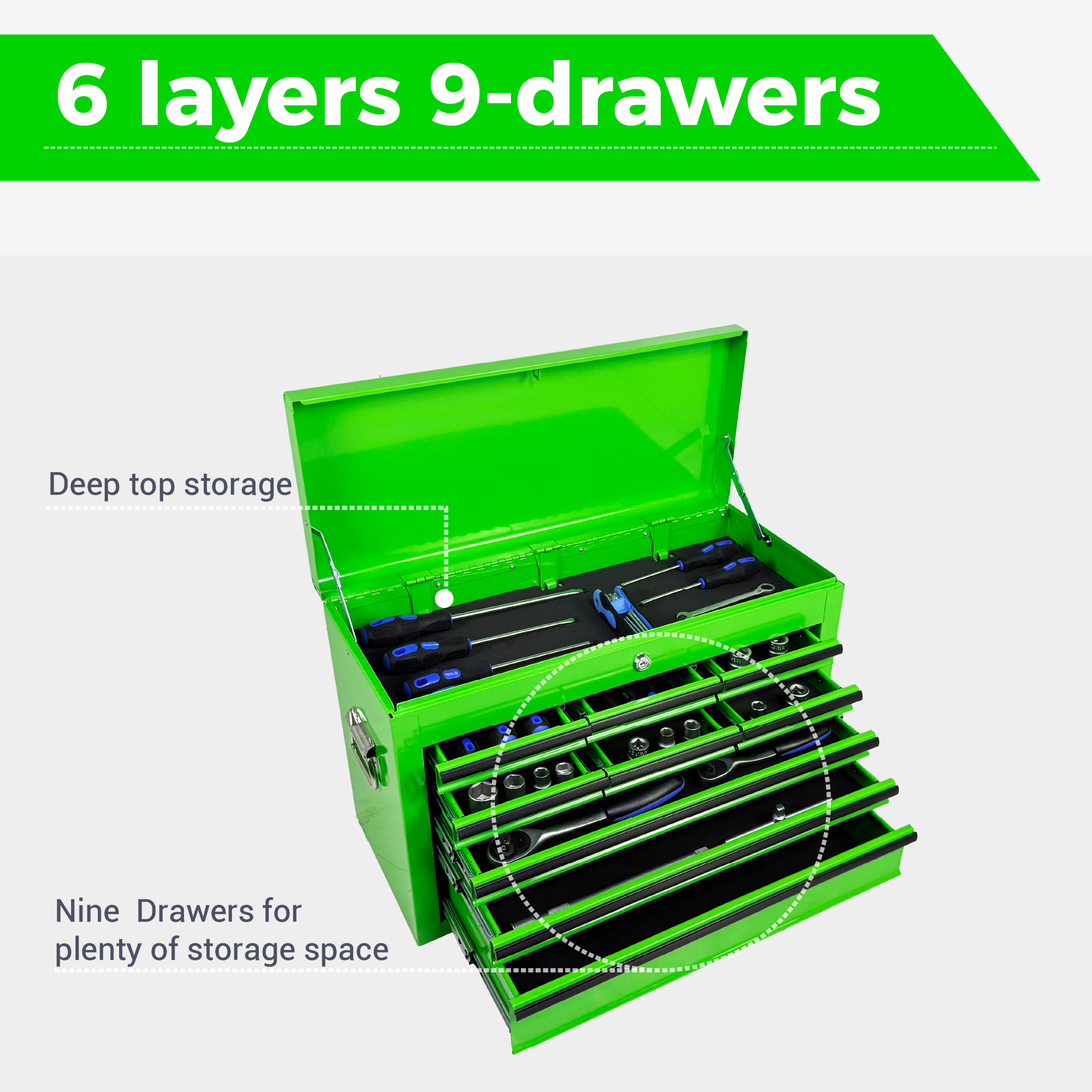 Heavy Duty Metal Tool Box, 24-inch, Portable Metal Tool Box with 9 Drawers, Small Tool Chest with EVA Liners, Ball Bearing Slide Drawers Locking & Powder Coated Finish, Multi-Function Tool Organizer — foto 8