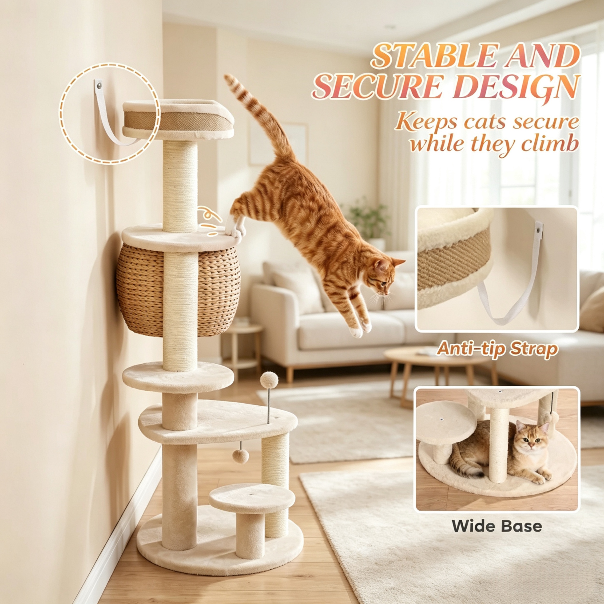 52‑Inch Cat Tree Tower with Handwoven Cattail Condo, Plush Bed, Multiple Platforms, 3 Sisal Scratching Posts and 3 Interactive Toy Balls — image 1