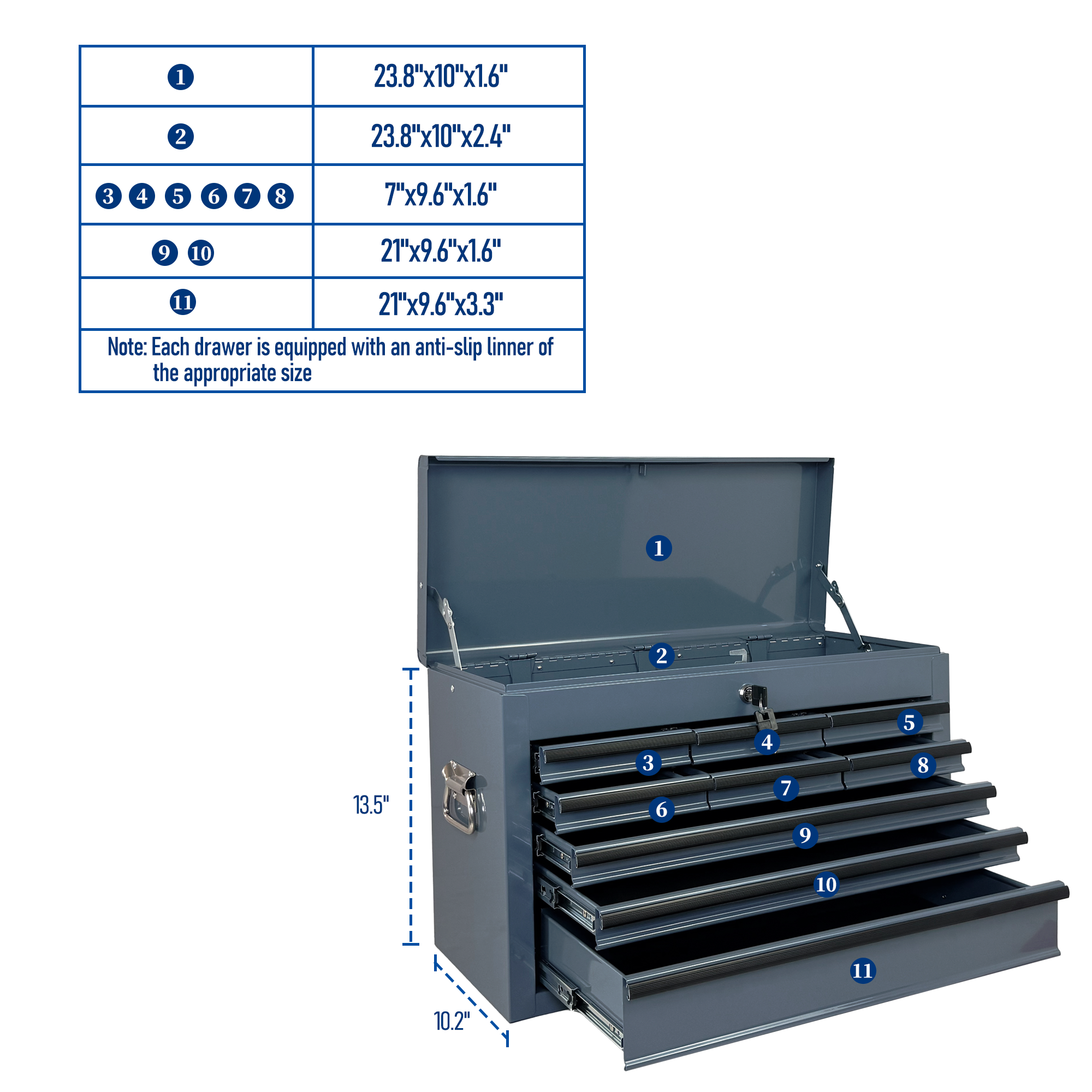Heavy Duty Metal Tool Box, 24-inch, Portable Metal Tool Box with 9 Drawers, Small Tool Chest with EVA Liners, Ball Bearing Slide Drawers Locking & Powder Coated Finish, Multi-Function Tool Organizer — foto 5