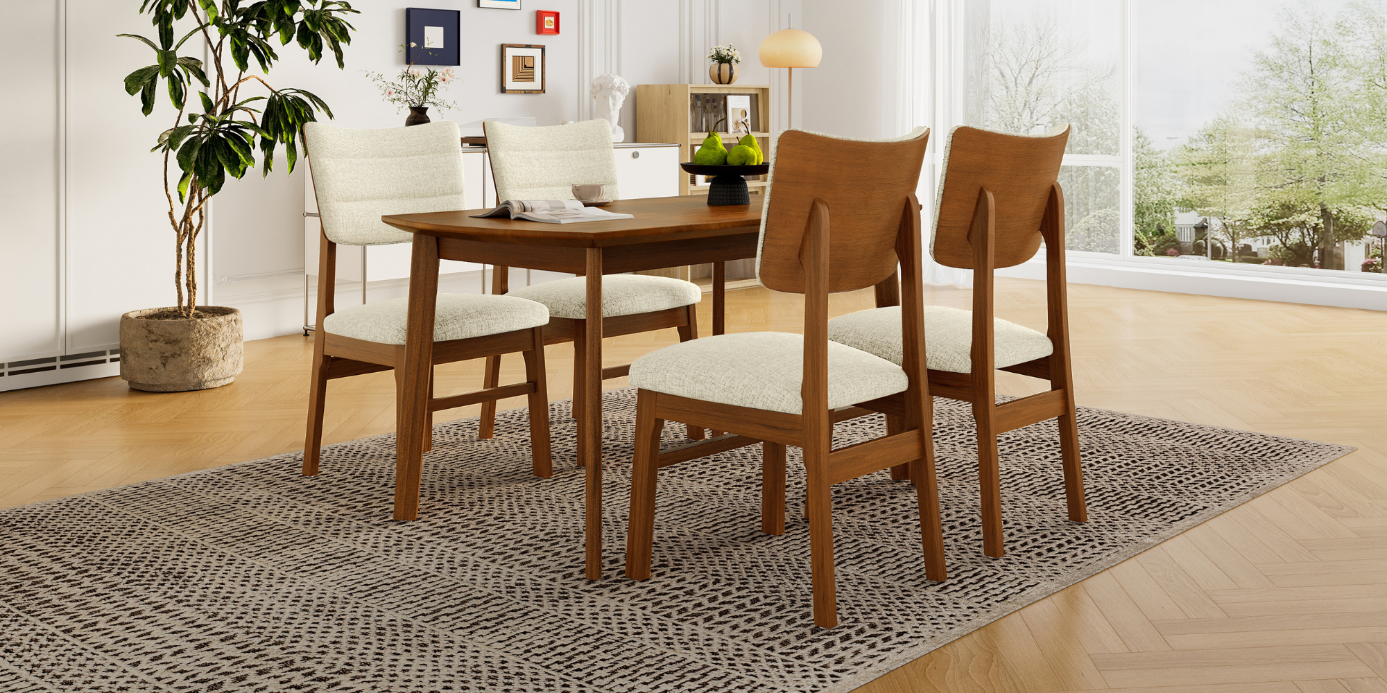 Farmhouse Dining Table Set for 4, Wood Kitchen Table & 4 Upholstered Chairs with Sturdy Rubber Wood Frame, Padded Seat, Curved Backrest, Space-Saving Dinette Set for Dining Room, Brown+Biege — foto 8