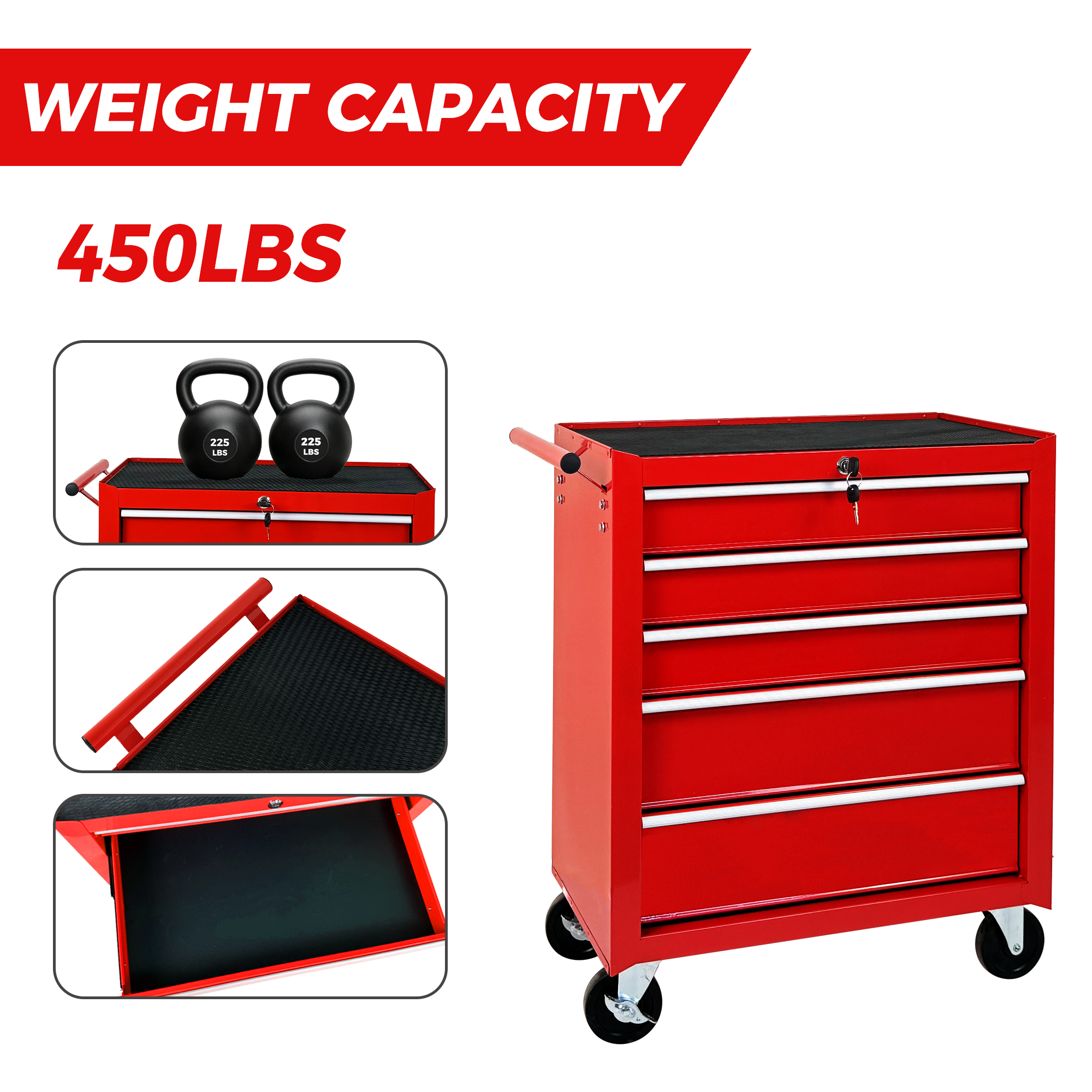 5-Drawer Rolling Tool Chest w/Lock & Key, Tool Storage Cabinet with Wheels, Top Cushion & Drawer Liners, Tool Organizer Box for Garage, Warehouse & Repair Shop-RED — foto 2