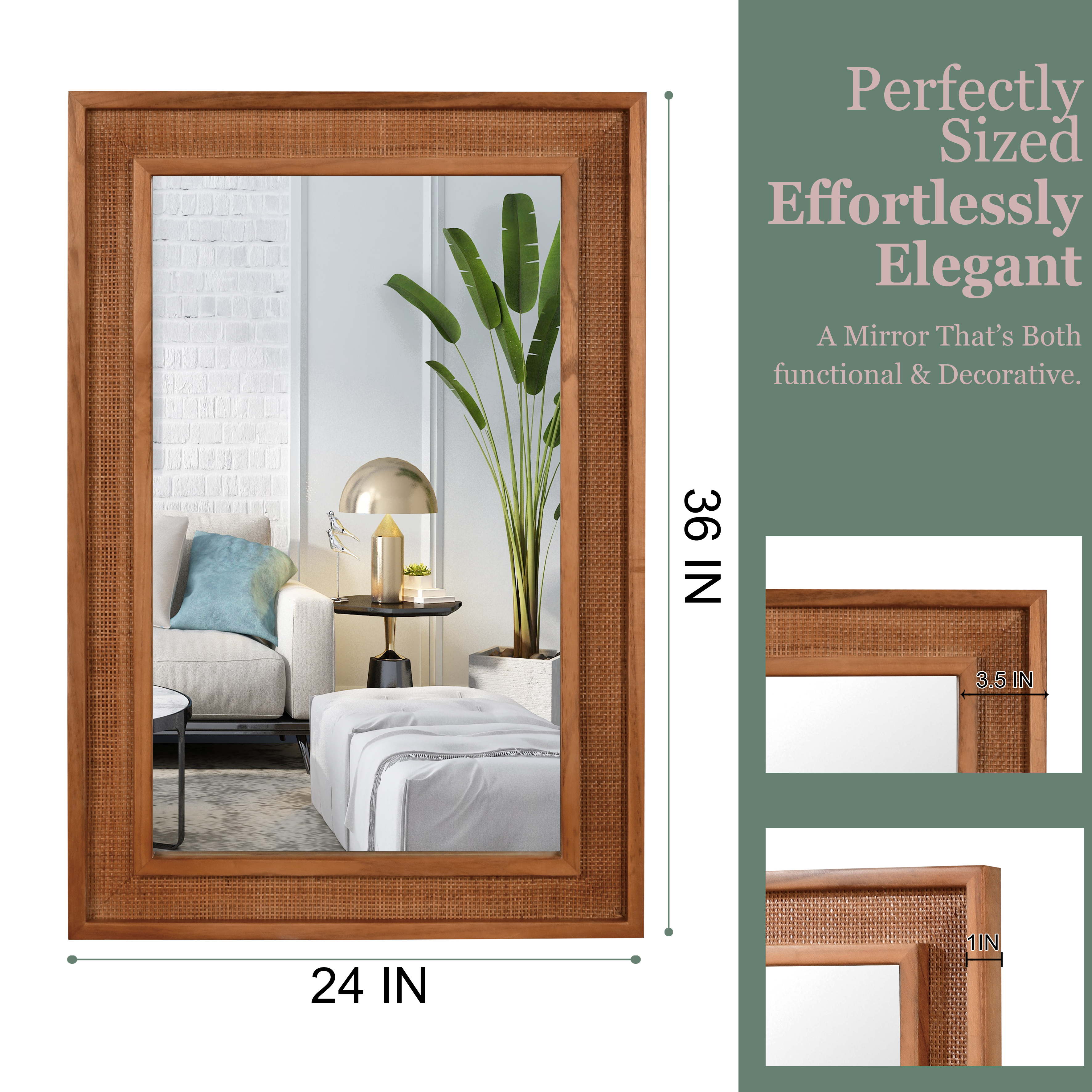 Yellowish Brown 24"x36" Rattan Rectangle Solid Wood Frame Decorative Mirror,For Farmhouse,Bathroom,Home Decor,Entryway — foto 5