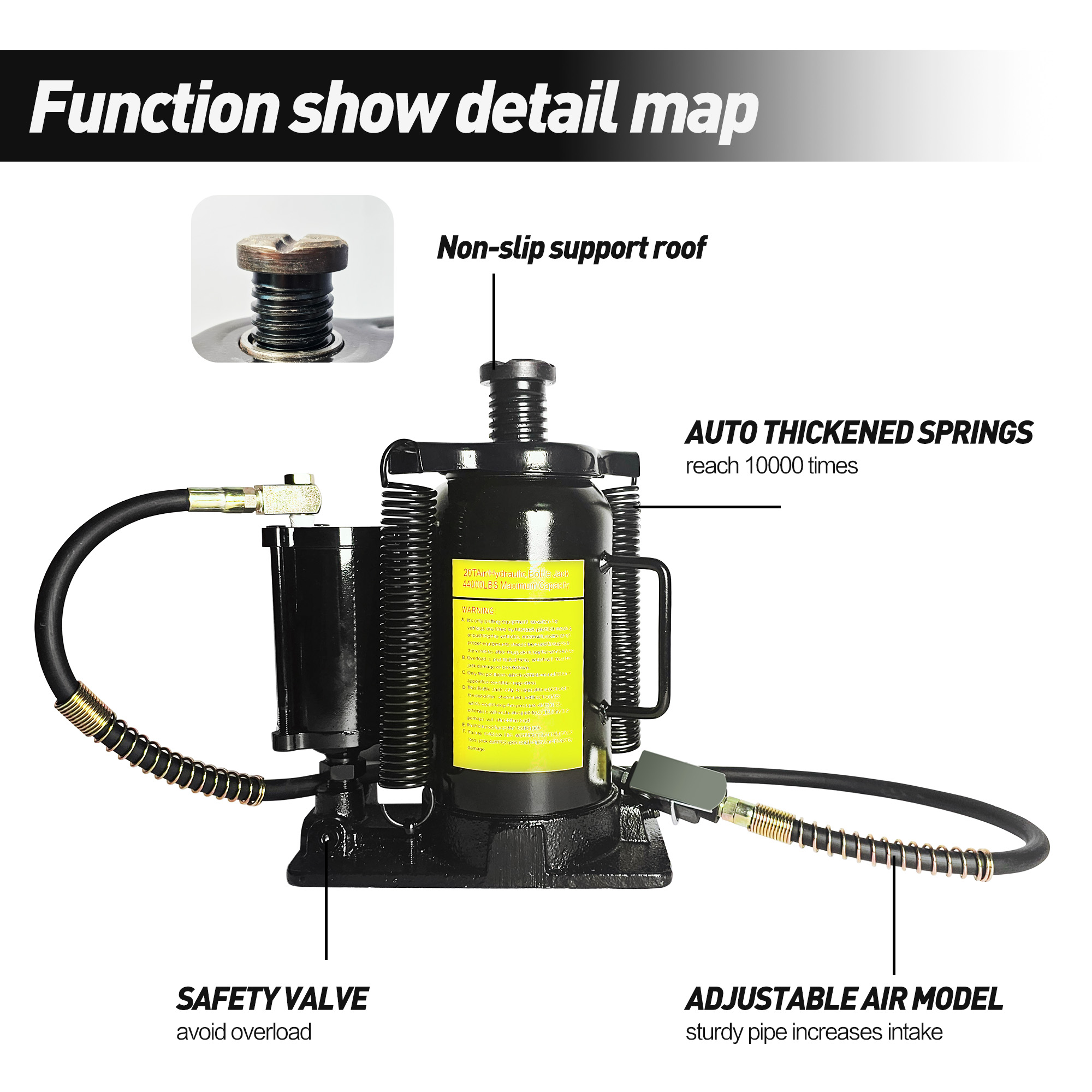Air Hydraulic Bottle Jack, 20 Ton/40000 LBS Bottle Jack, 10.23-20.07 inch Lifting Range, Manual Handle and Air Pump, for Car, Pickup, Truck, RV, Auto Repair, Industrial Engineering — foto 10
