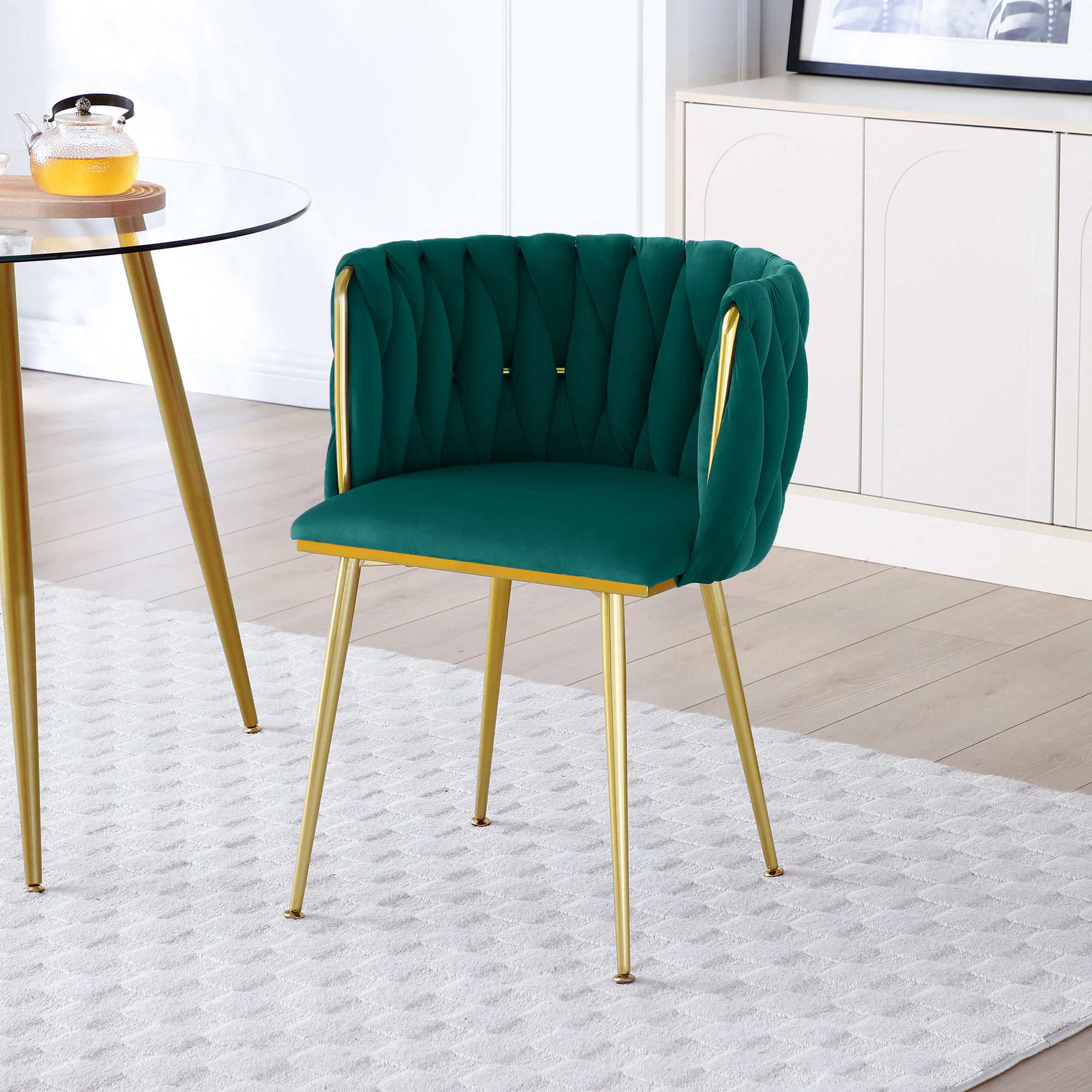 Modern Velvet Dining Chairs Set of 2, Upholstered Woven Dining Chair with Golden Metal Legs, Upholstered Dining Chairs for Dining Room, Kitchen, Vanity, Living Room — foto 2