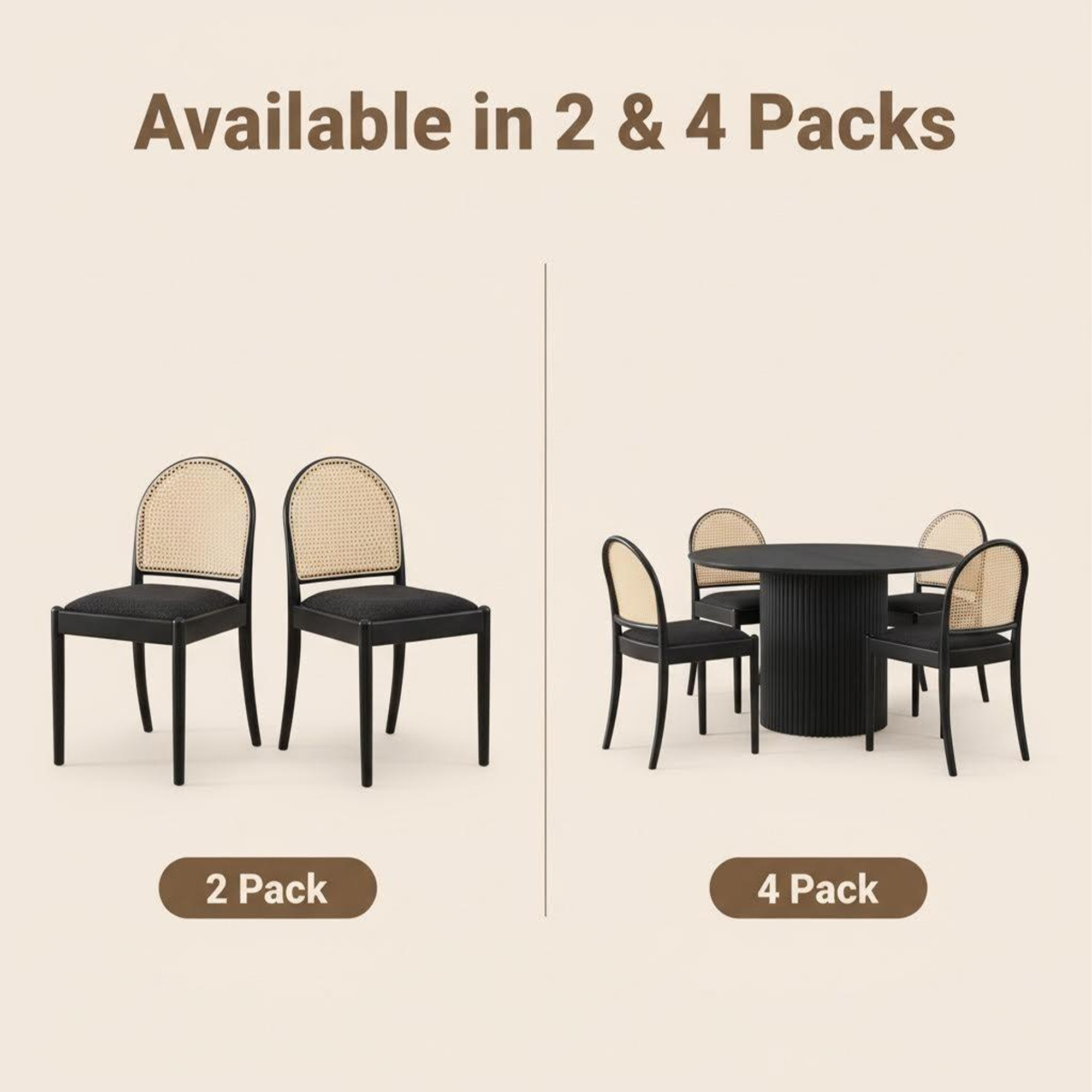 Rattan Dining Chairs Set of 2, Upholstered Linen Dining Room Chairs with Backrests, Modern Kitchen Chairs with Wood Legs for Dining Room, Black