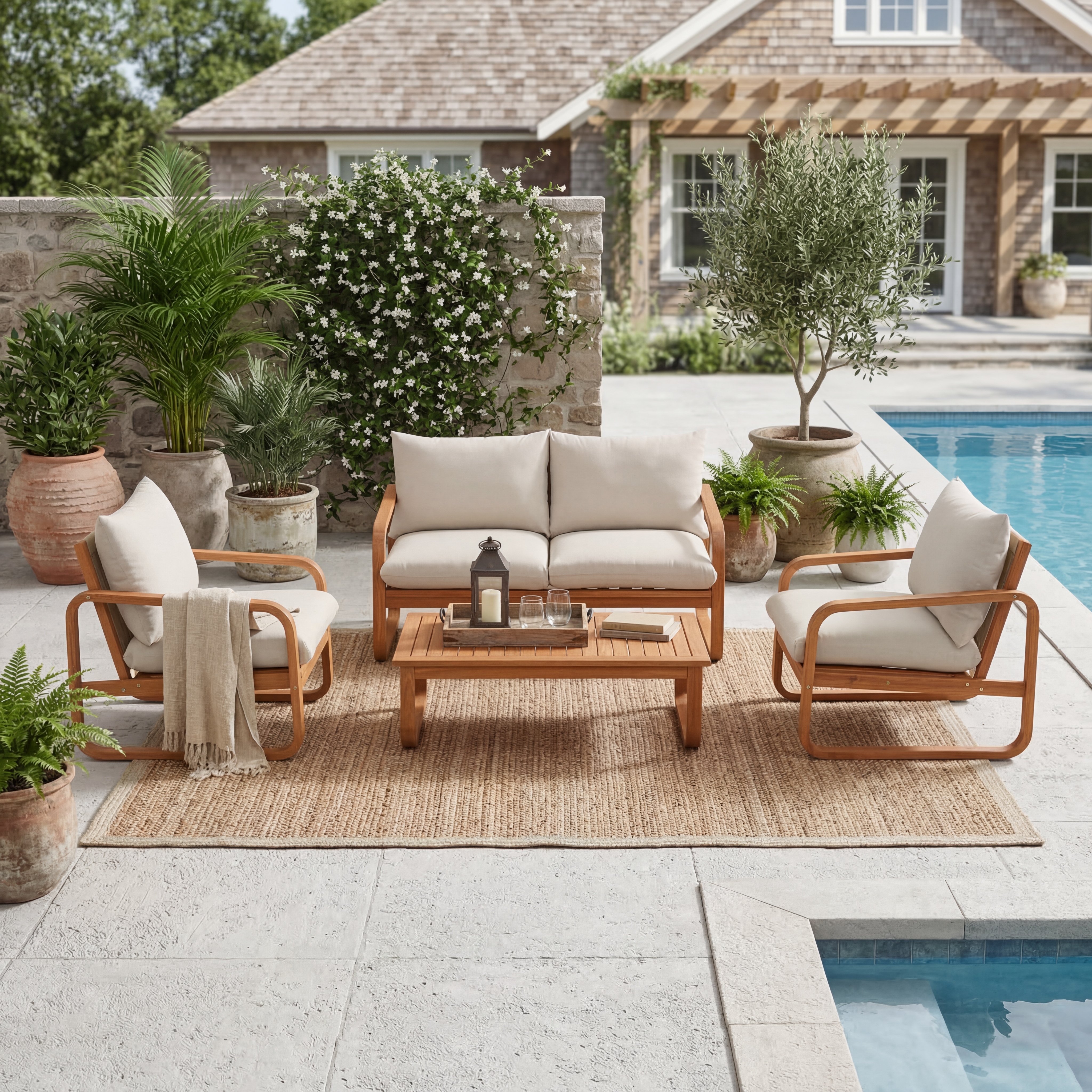 4-Piece Acacia Wood Outdoor Patio Furniture Set with Thick Cushions, Modern Outdoor Seating Set with Loveseat, 2 Single Chairs and Coffee Table, Weather-Resistant Conversation Set for Backyard, Pool — foto 4