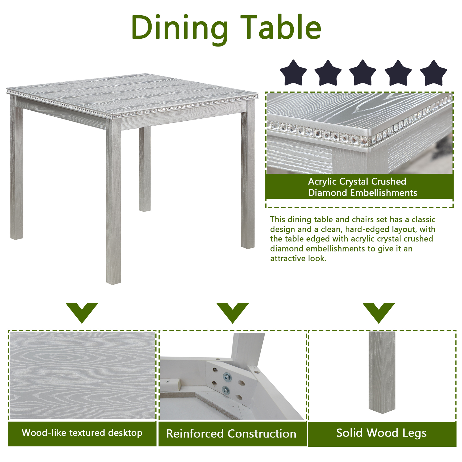 Wooden Dining Square Table, Kitchen Table for Small Space, 4 Person Dining Table, Silver grey 7
