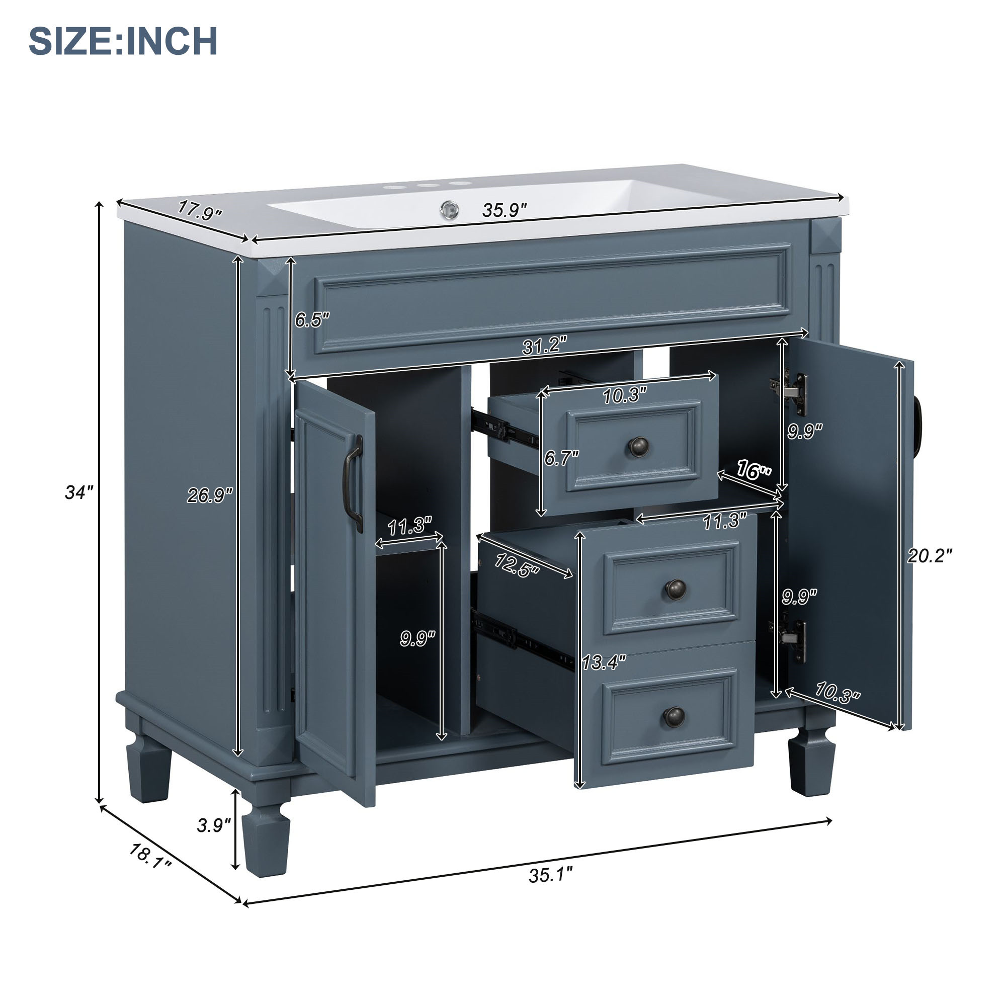 36'' Bathroom Vanity with Top Sink, Royal Blue Mirror Cabinet, Modern Bathroom Storage Cabinet with 2 Soft Closing Doors, Single Sink Bathroom Vanity